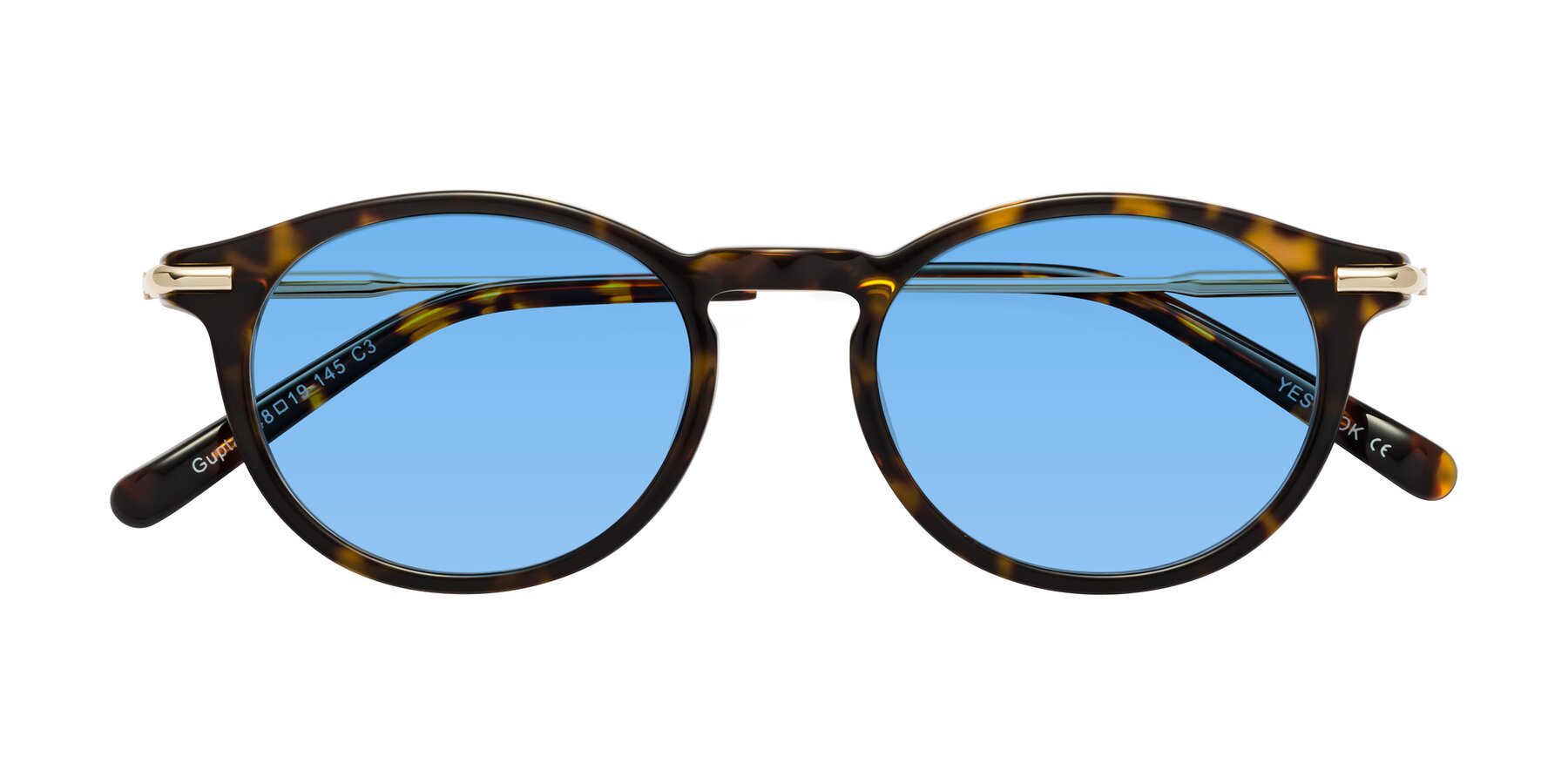 Folded Front of Gupta in Tortoise with Medium Blue Tinted Lenses