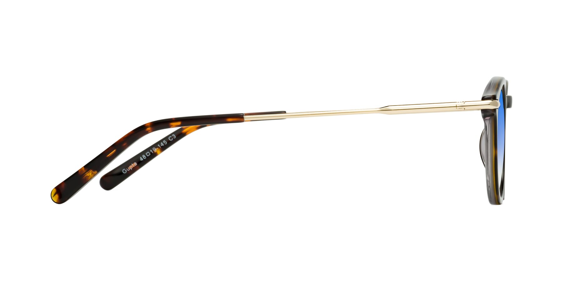 Side of Gupta in Tortoise with Blue Gradient Lenses