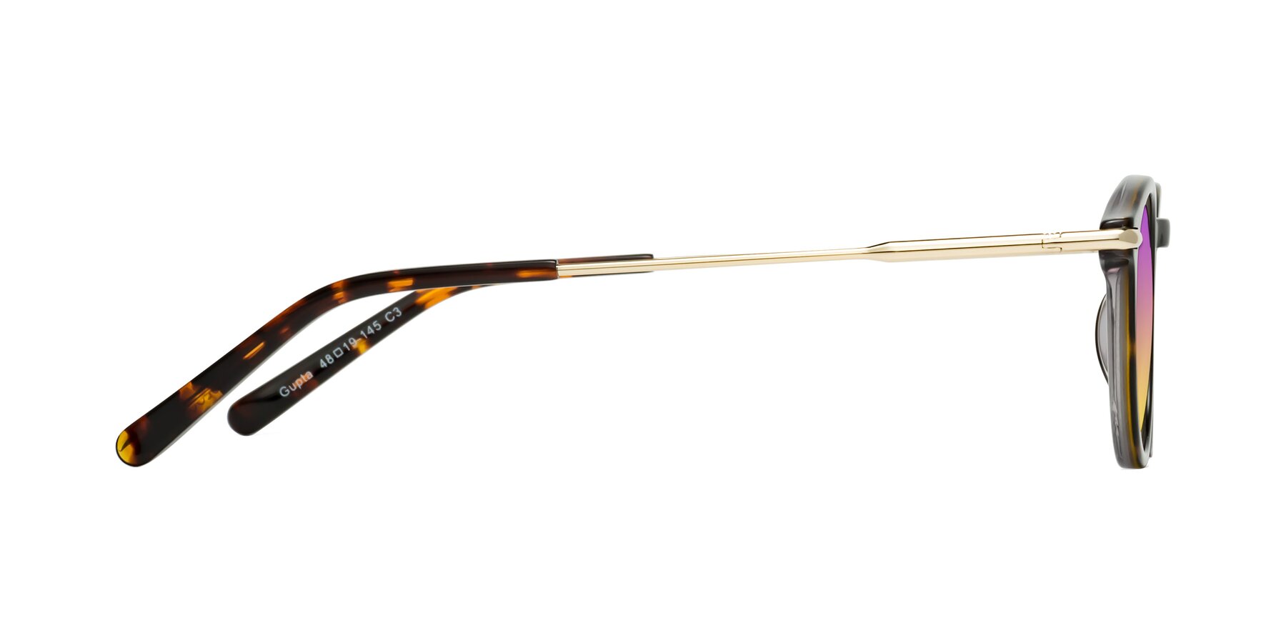 Side of Gupta in Tortoise with Purple / Yellow Gradient Lenses