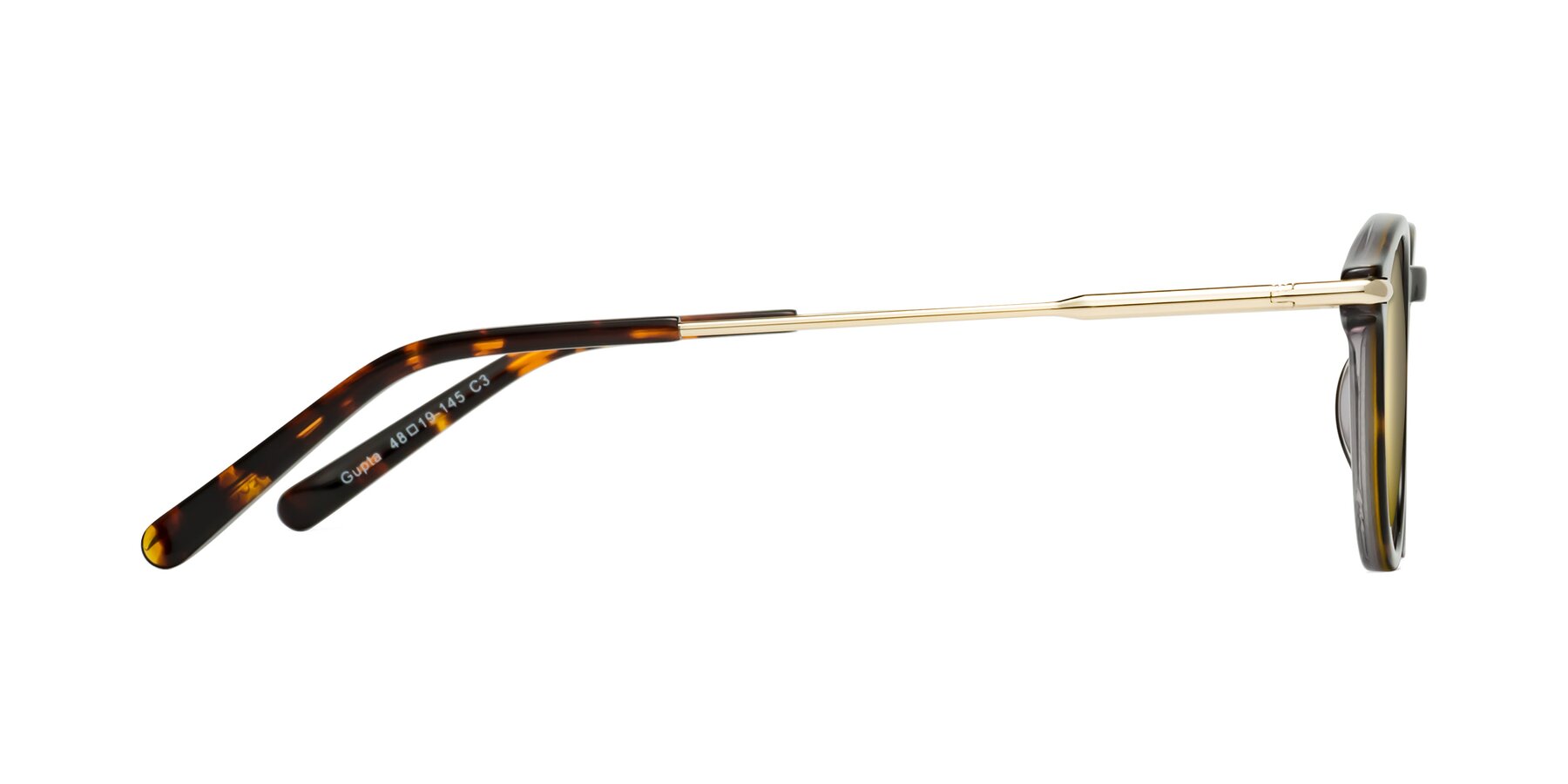 Side of Gupta in Tortoise with Gold Mirrored Lenses