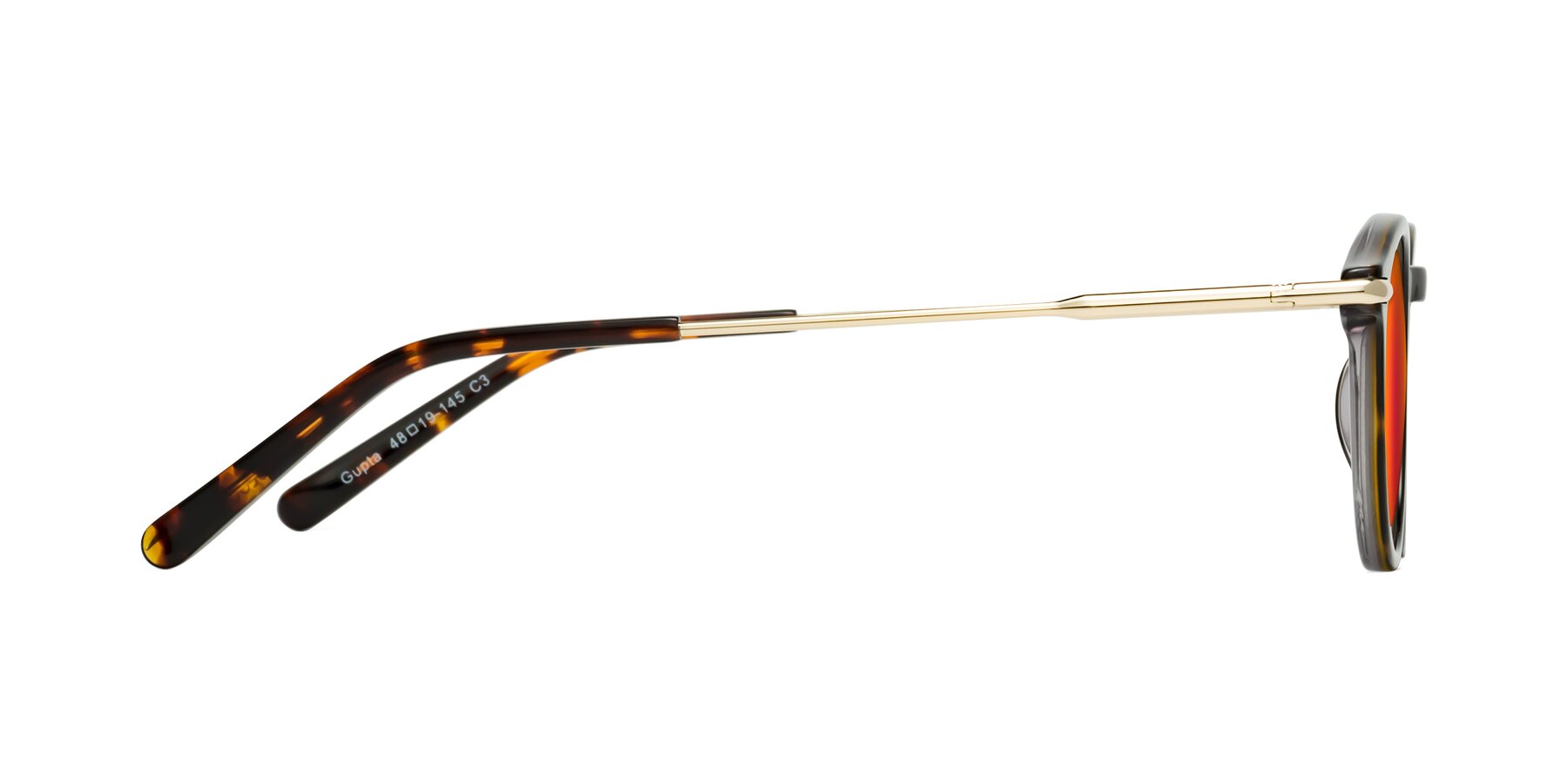 Side of Gupta in Tortoise with Red Gold Mirrored Lenses
