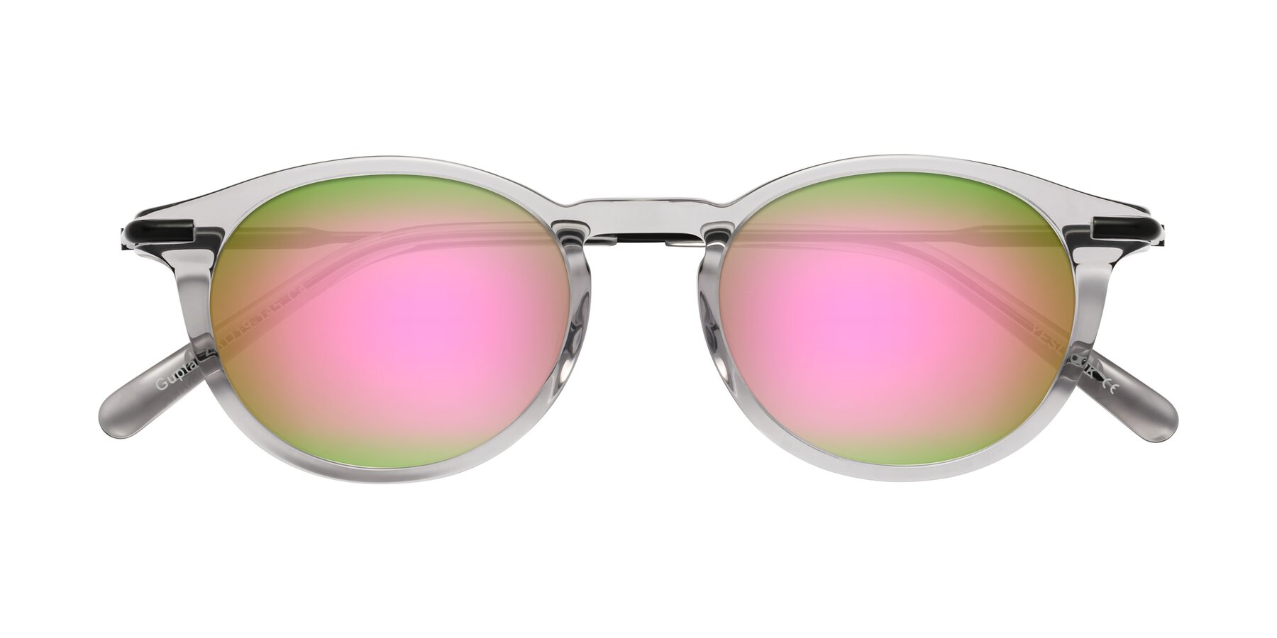 Folded Front of Gupta in Transparent Gray with Pink Mirrored Lenses