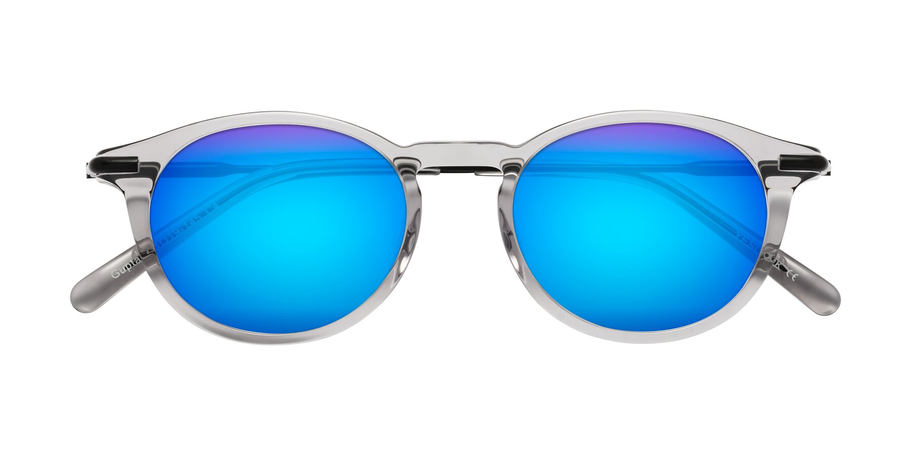 Folded Front of Gupta in Transparent Gray with Blue Mirrored Lenses