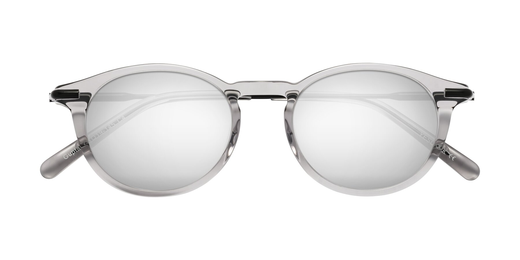 Folded Front of Gupta in Transparent Gray with Silver Mirrored Lenses