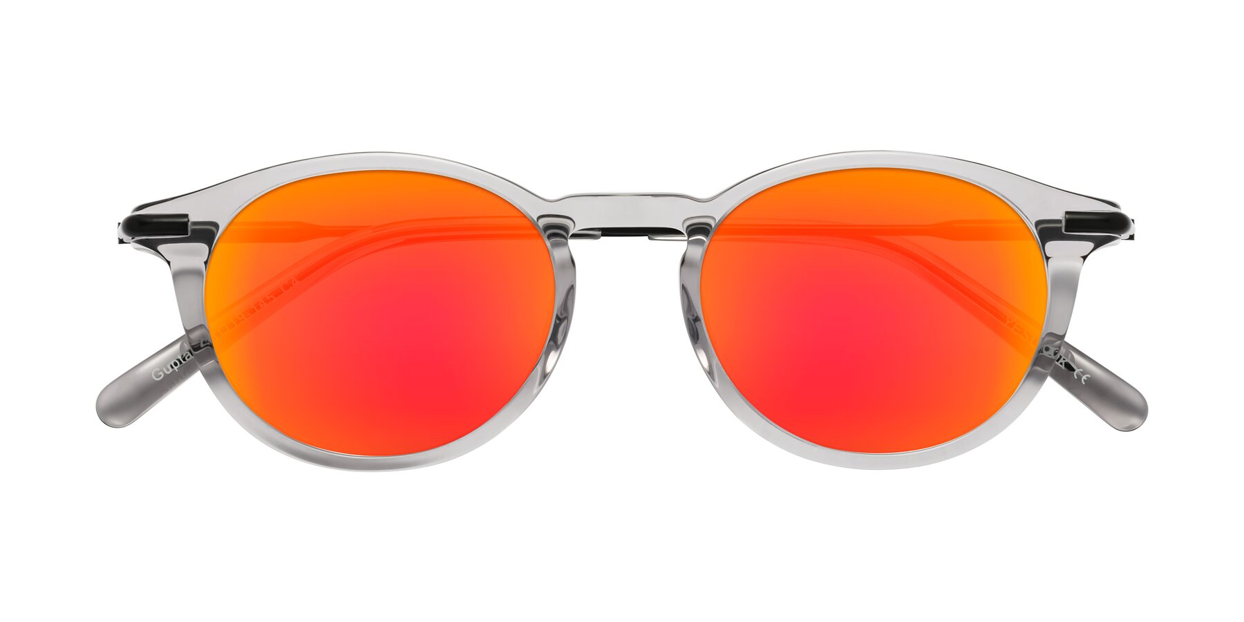 Folded Front of Gupta in Transparent Gray with Red Gold Mirrored Lenses