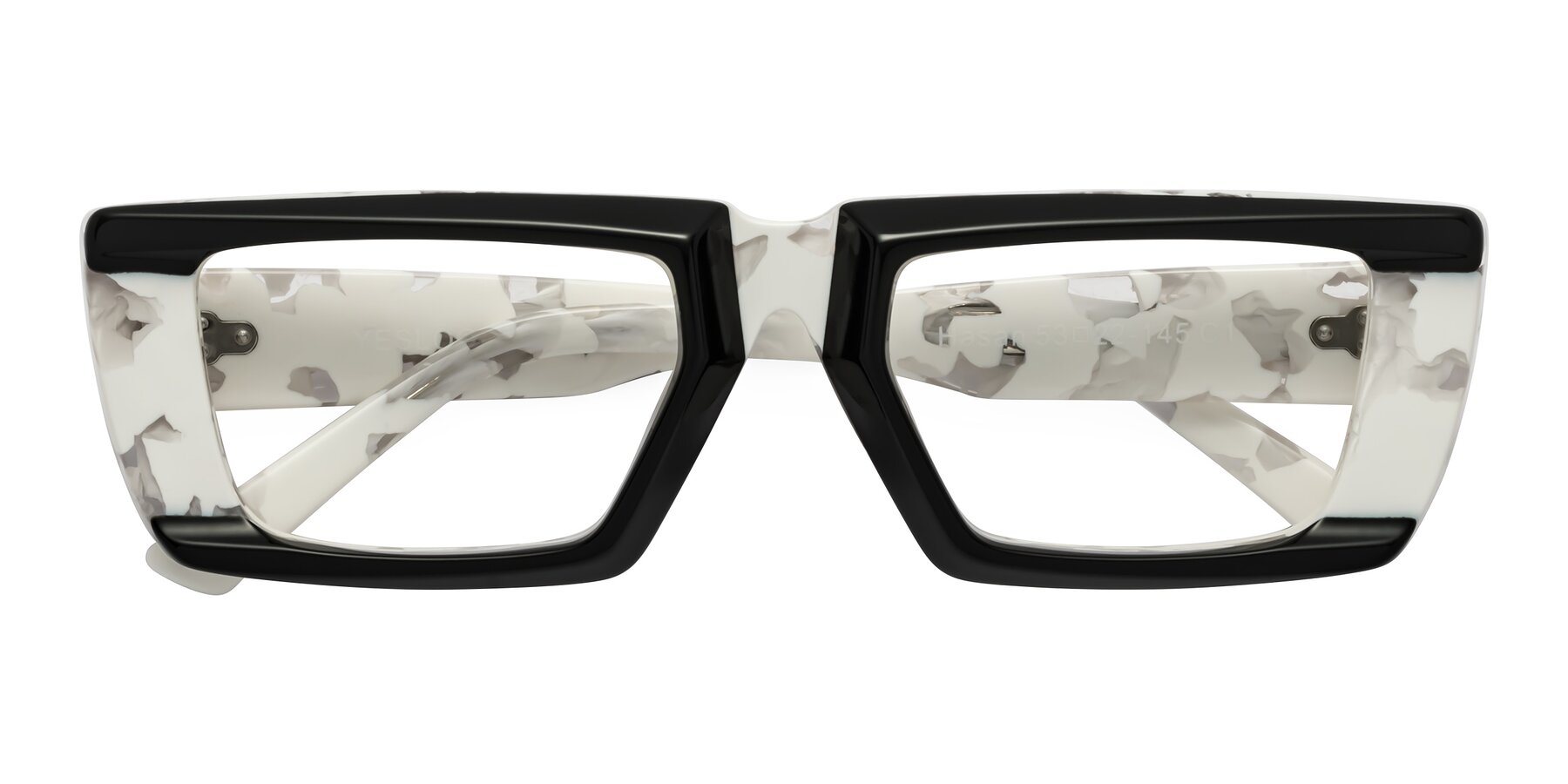 Folded Front of Hasan in Black-White Tortoise with Clear Reading Eyeglass Lenses