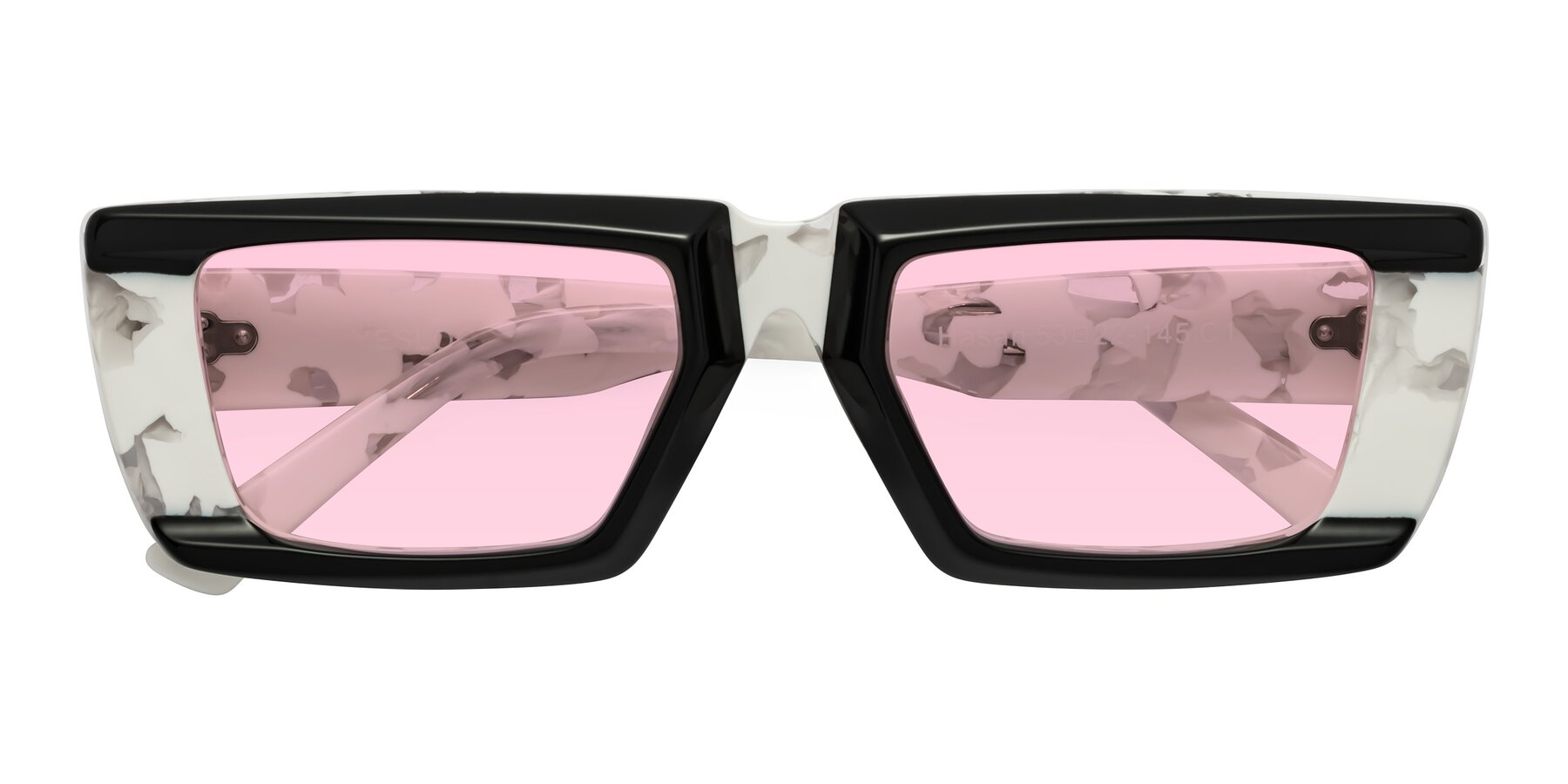 Folded Front of Hasan in Black-White Tortoise with Light Pink Tinted Lenses