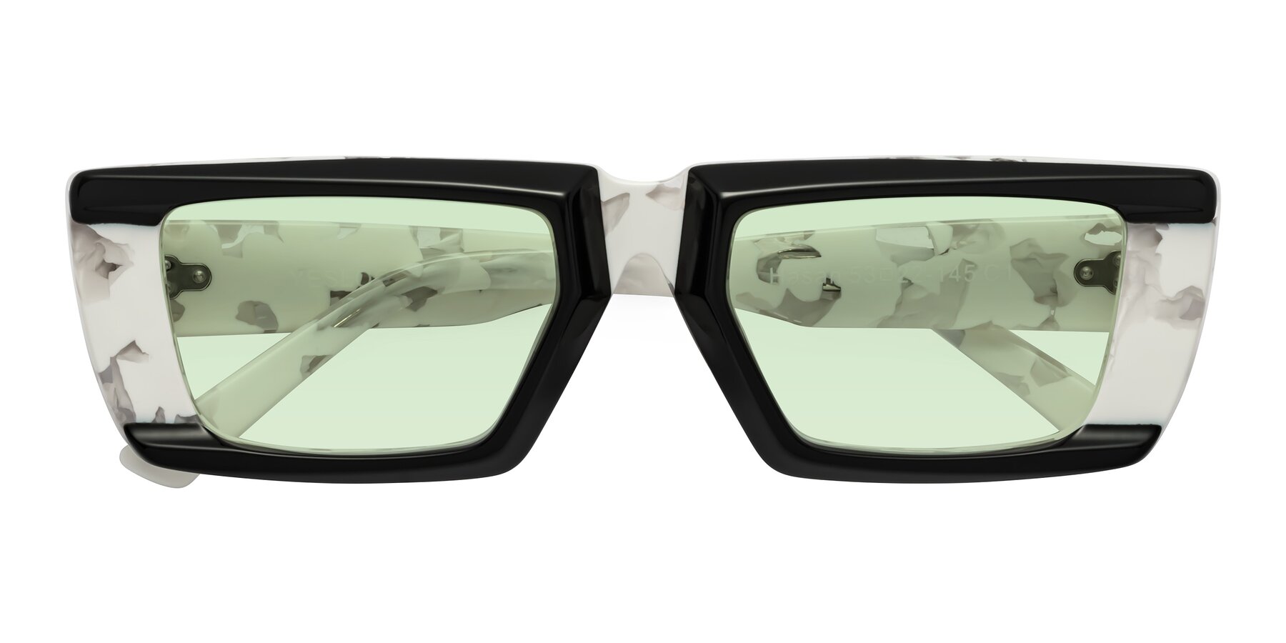 Folded Front of Hasan in Black-White Tortoise with Light Green Tinted Lenses