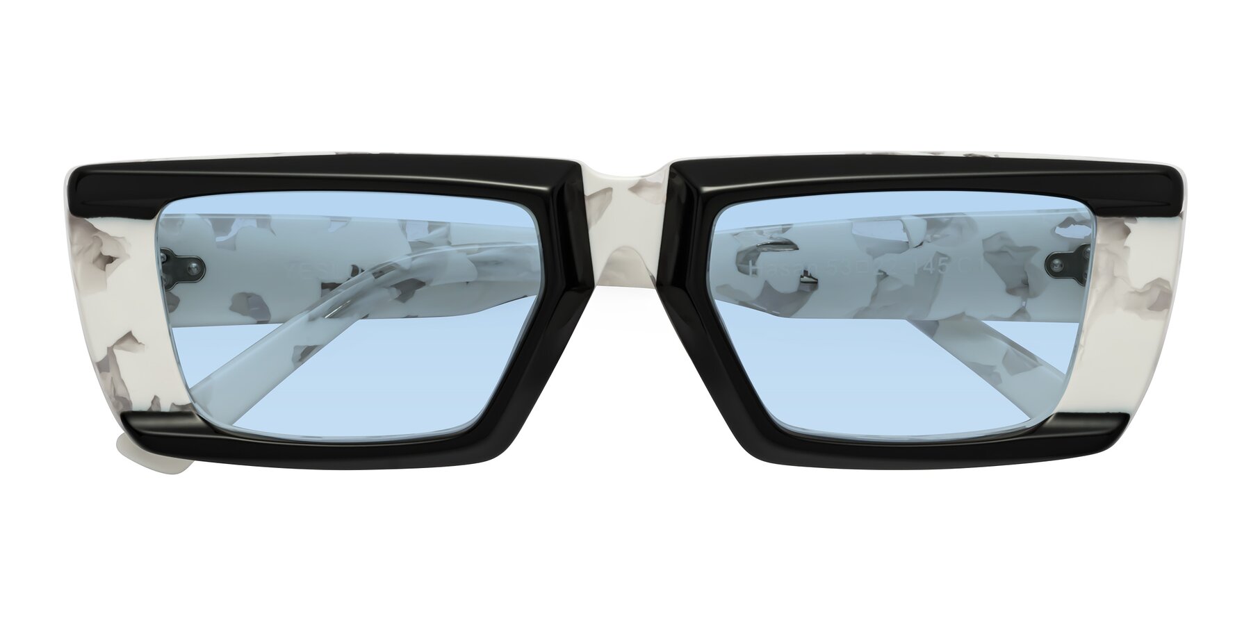 Folded Front of Hasan in Black-White Tortoise with Light Blue Tinted Lenses
