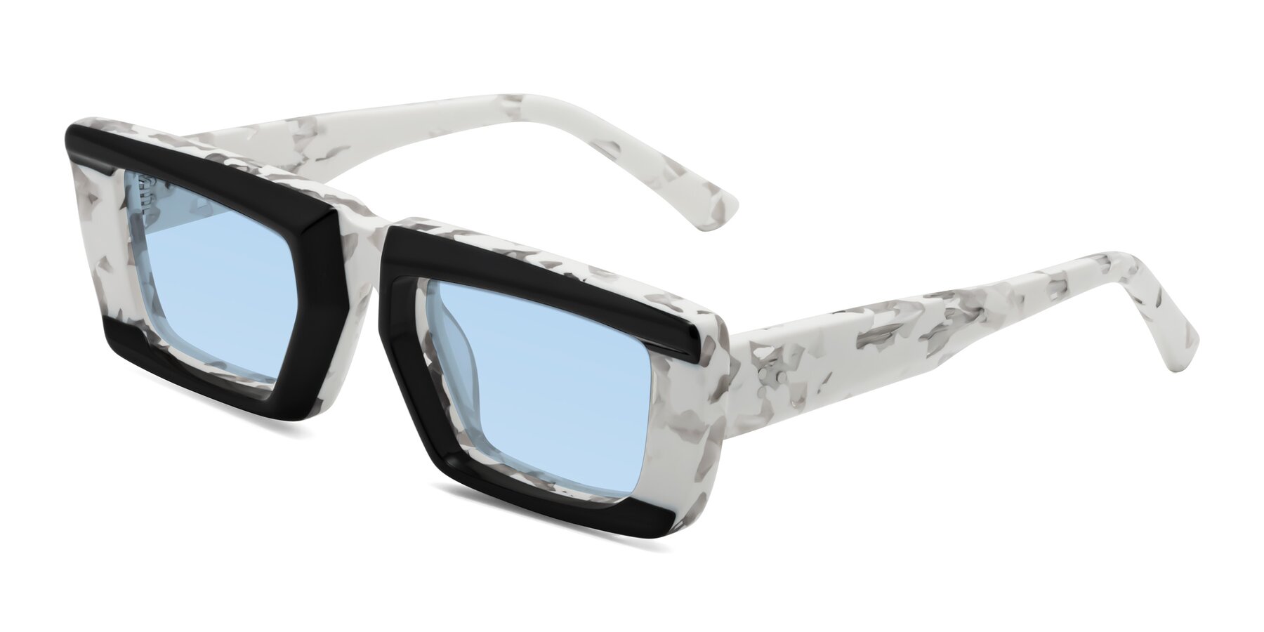 Angle of Hasan in Black-White Tortoise with Light Blue Tinted Lenses