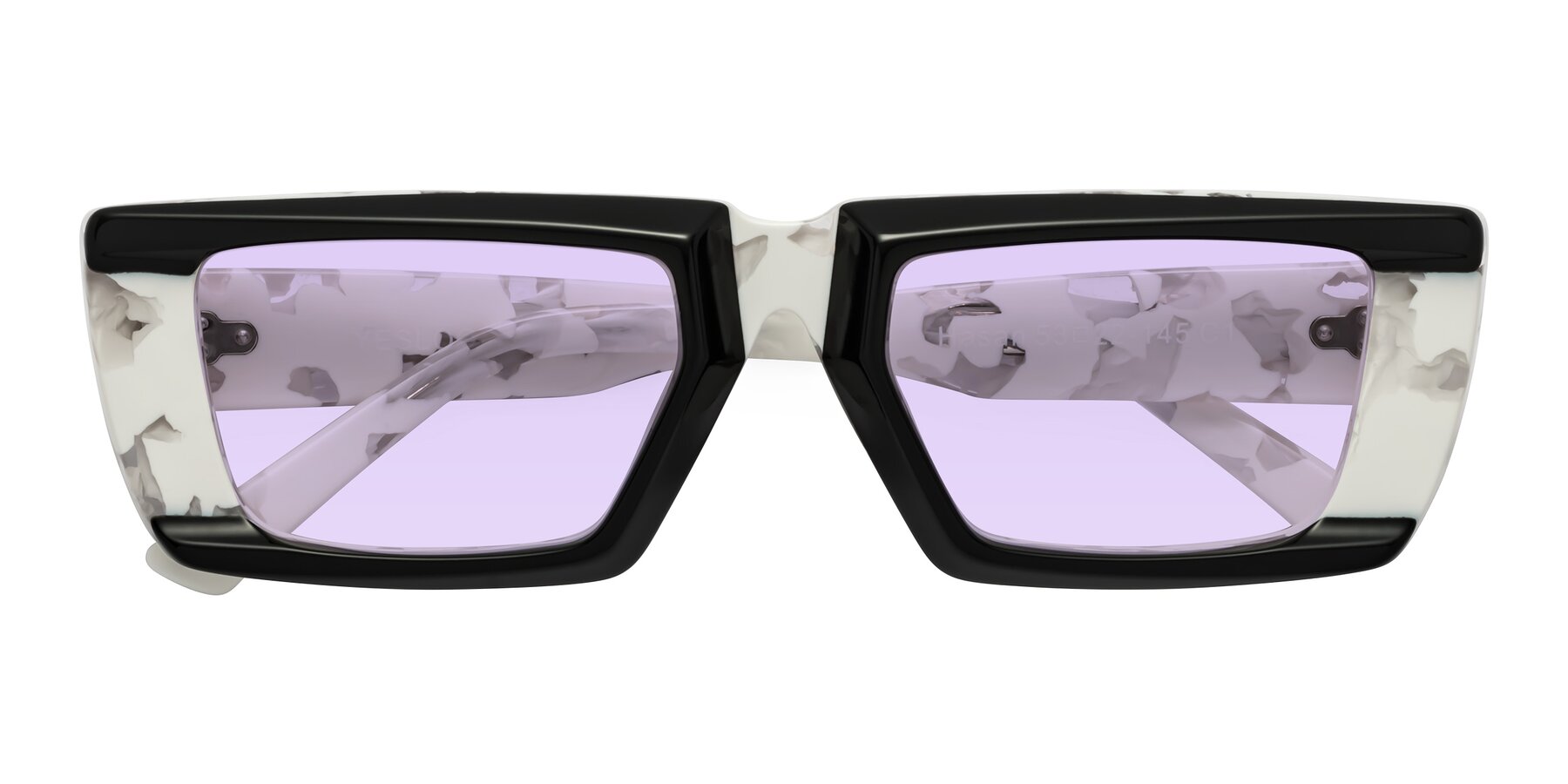 Folded Front of Hasan in Black-White Tortoise with Light Purple Tinted Lenses