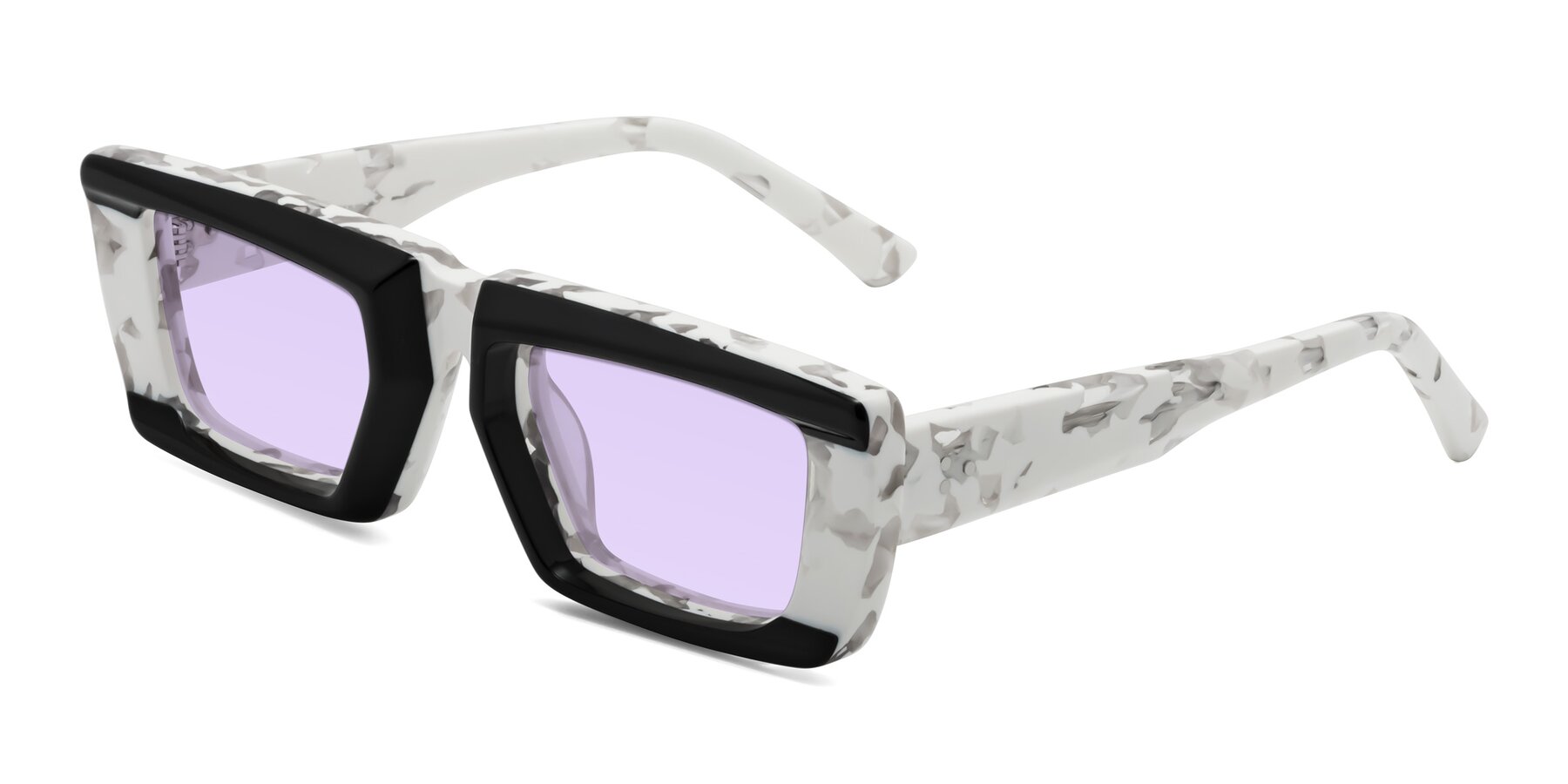 Angle of Hasan in Black-White Tortoise with Light Purple Tinted Lenses