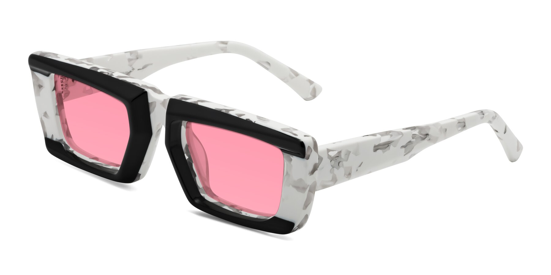 Angle of Hasan in Black-White Tortoise with Pink Tinted Lenses