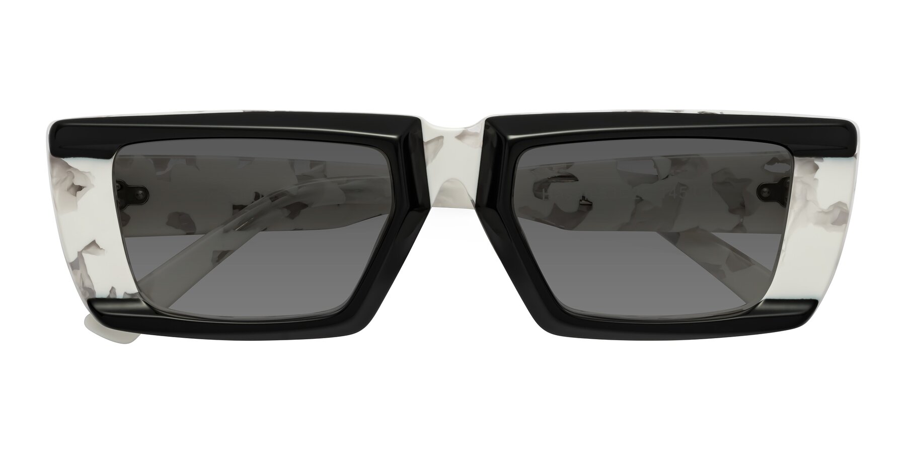 Folded Front of Hasan in Black-White Tortoise with Medium Gray Tinted Lenses