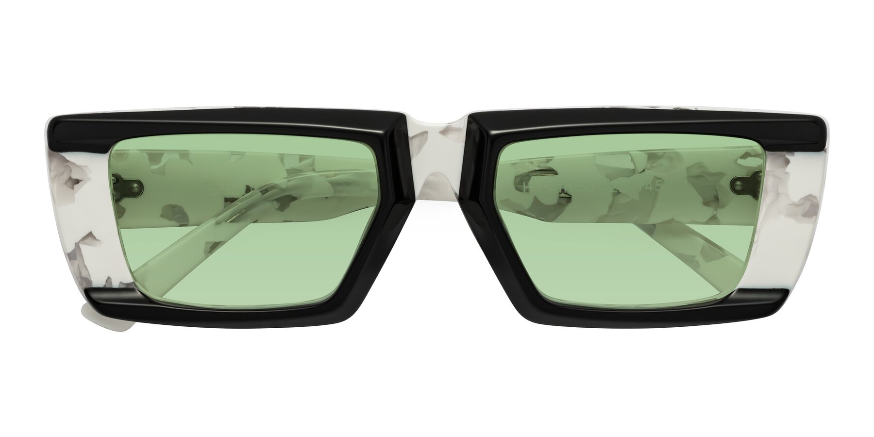 Folded Front of Hasan in Black-White Tortoise with Medium Green Tinted Lenses