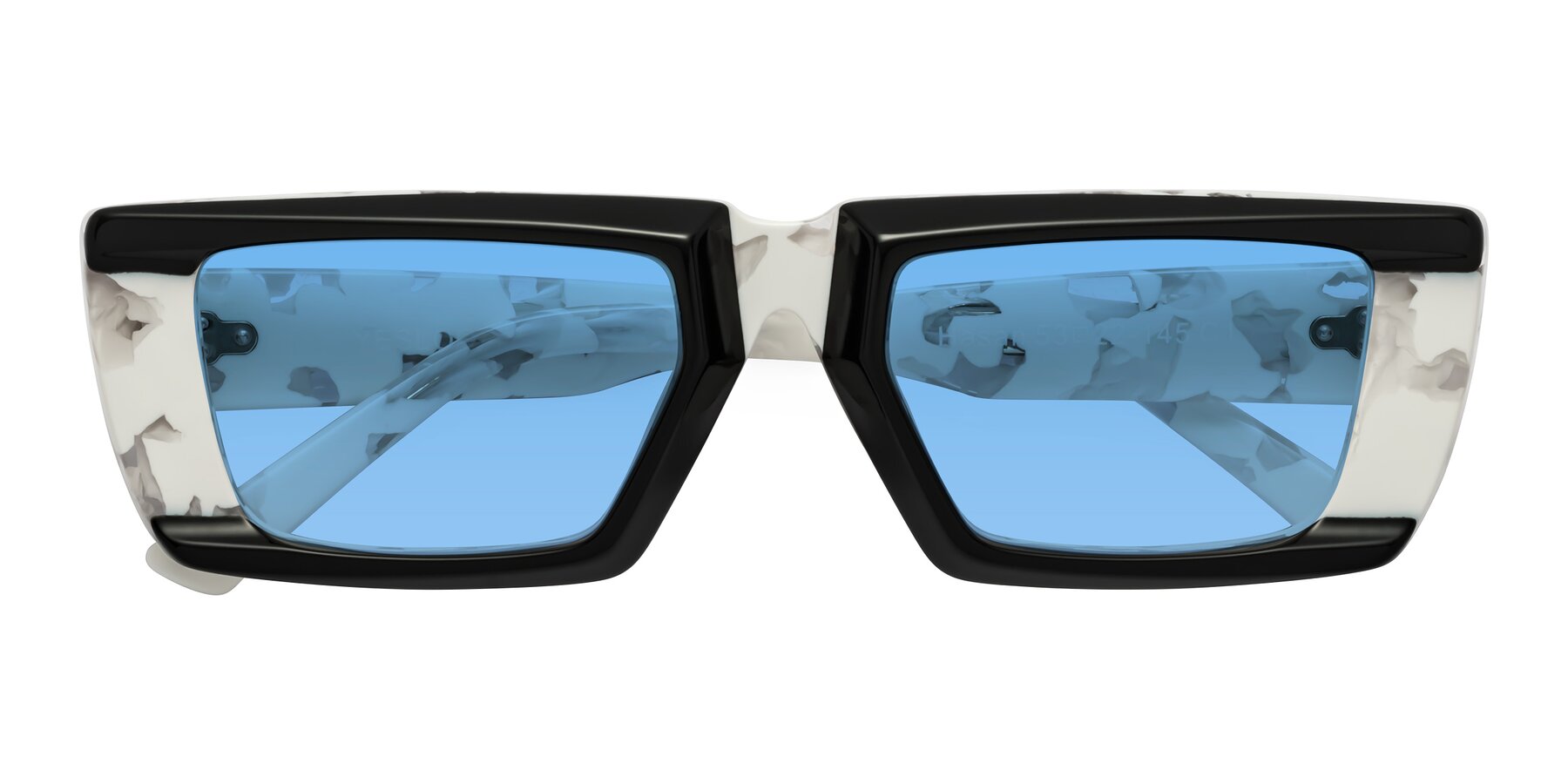 Folded Front of Hasan in Black-White Tortoise with Medium Blue Tinted Lenses