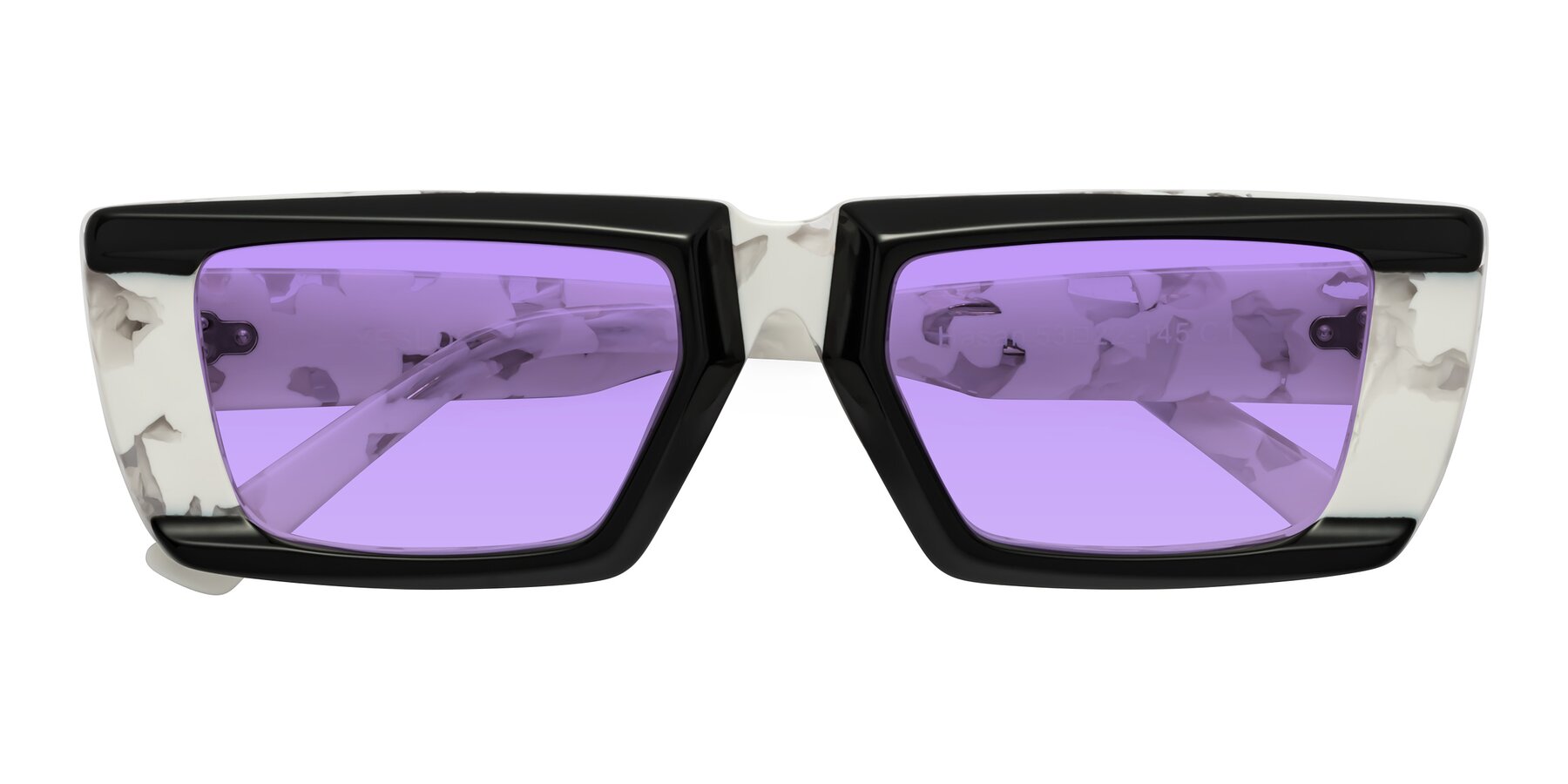 Folded Front of Hasan in Black-White Tortoise with Medium Purple Tinted Lenses