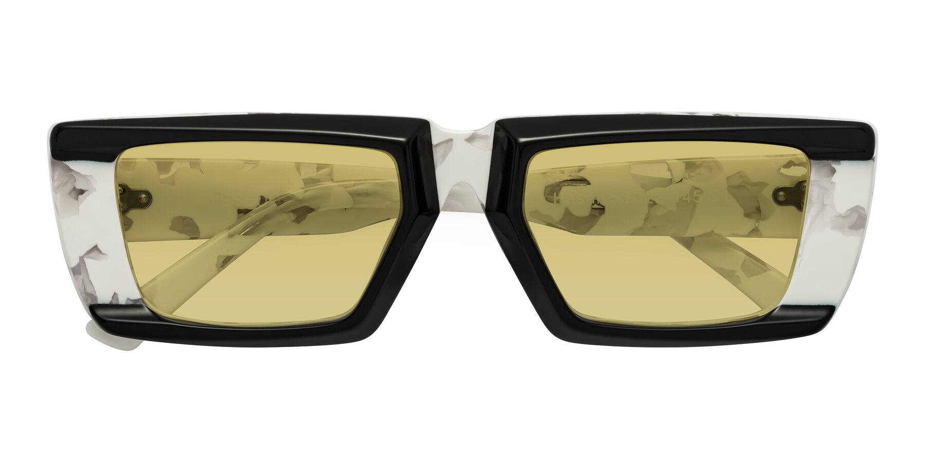 Folded Front of Hasan in Black-White Tortoise with Medium Champagne Tinted Lenses