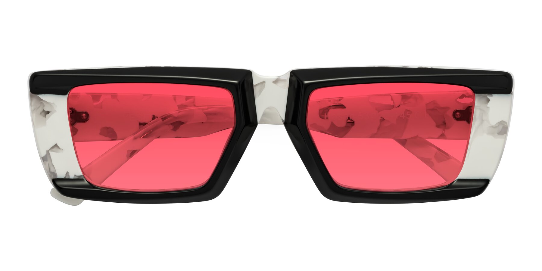 Folded Front of Hasan in Black-White Tortoise with Red Tinted Lenses