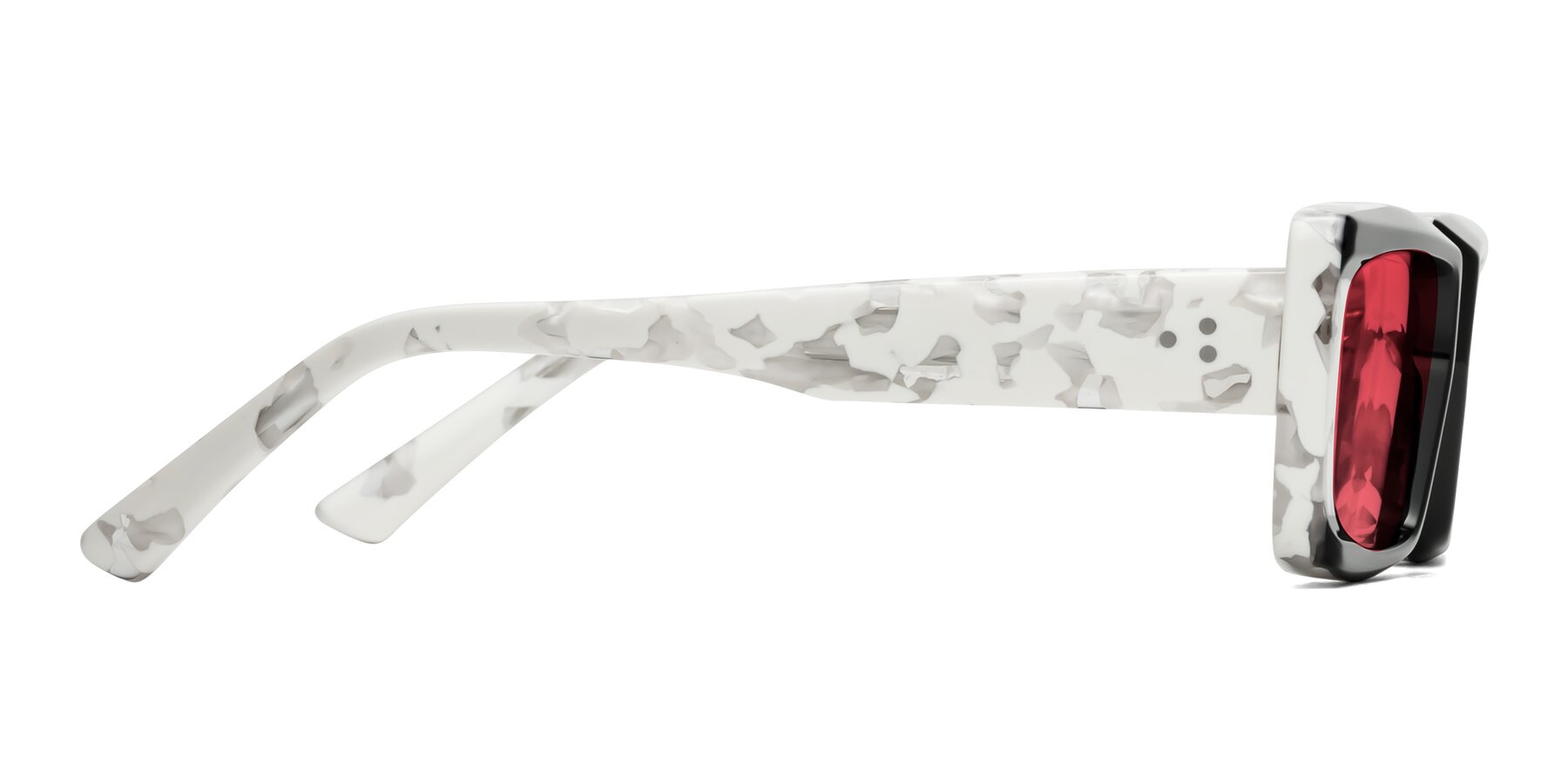 Side of Hasan in Black-White Tortoise with Red Tinted Lenses