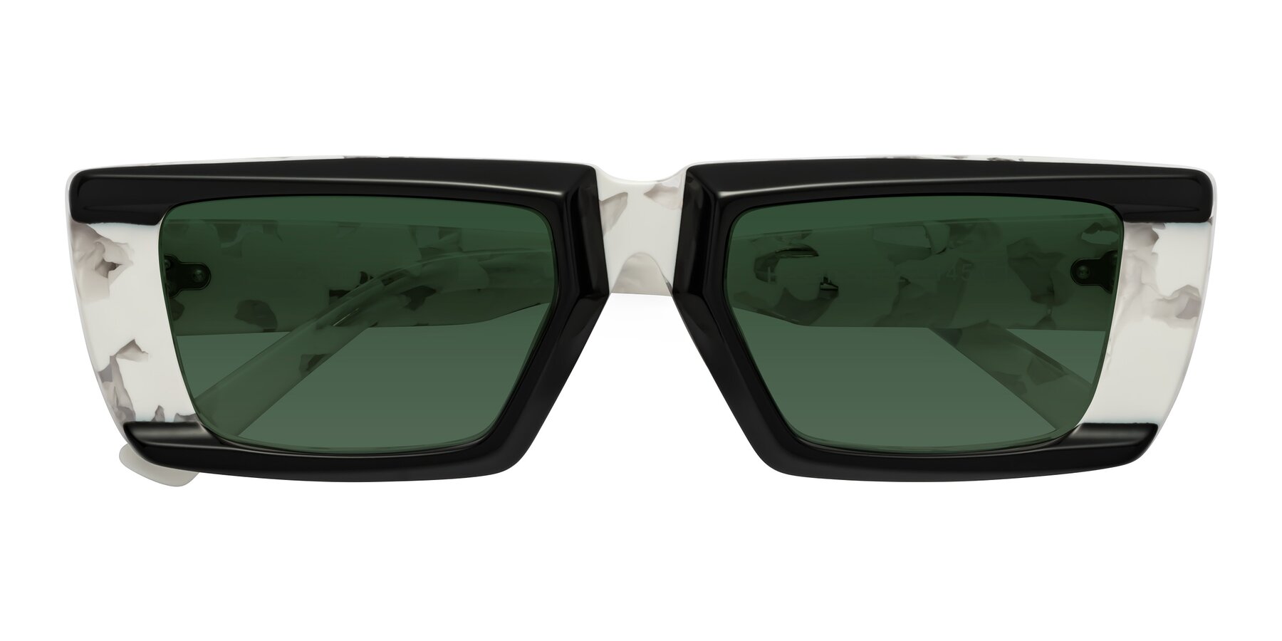 Folded Front of Hasan in Black-White Tortoise with Green Tinted Lenses