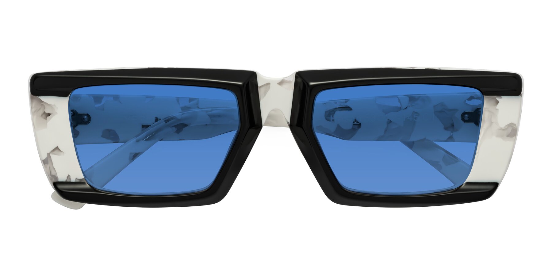 Folded Front of Hasan in Black-White Tortoise with Blue Tinted Lenses