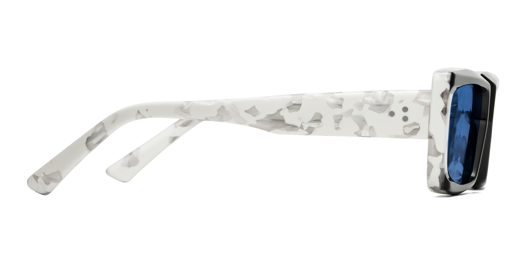Side of Hasan in Black-White Tortoise with Blue Tinted Lenses