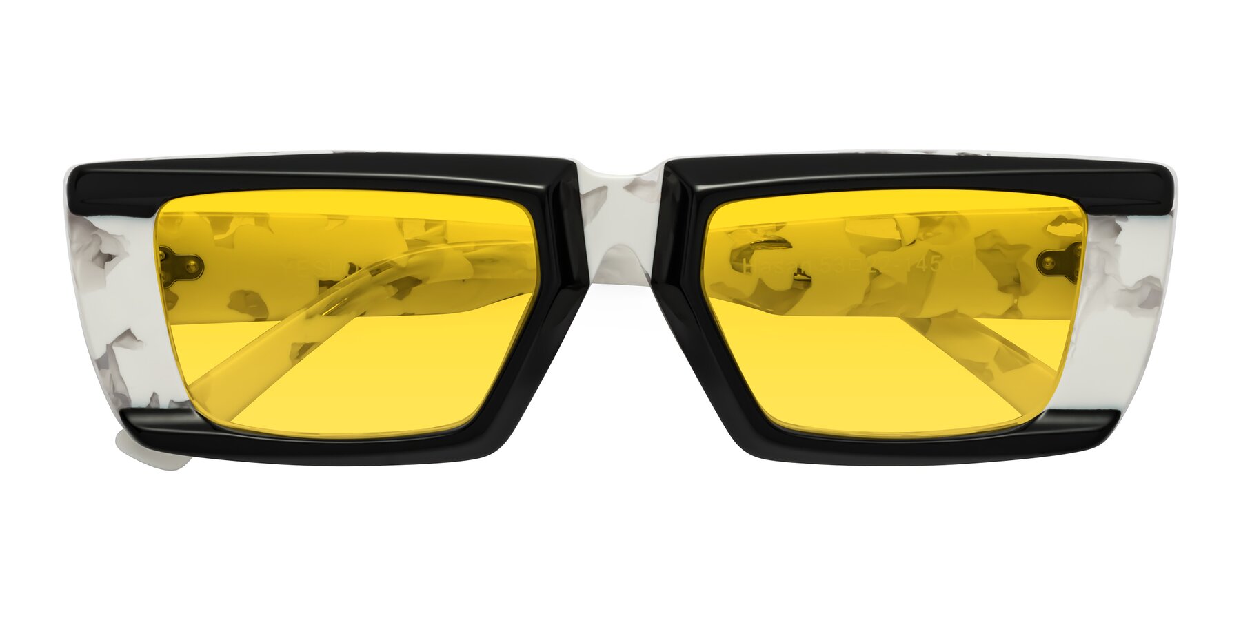 Folded Front of Hasan in Black-White Tortoise with Yellow Tinted Lenses