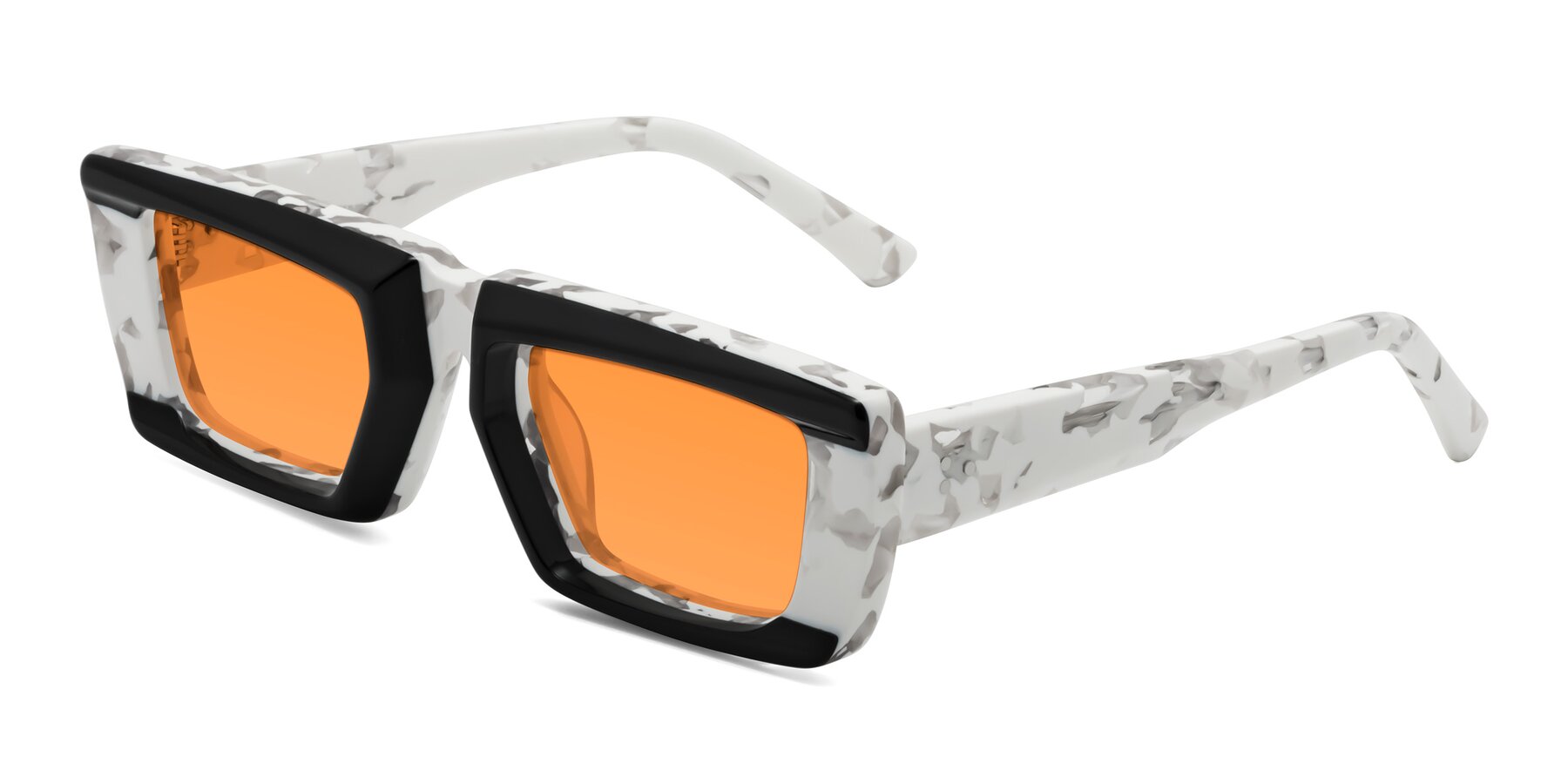 Angle of Hasan in Black-White Tortoise with Orange Tinted Lenses