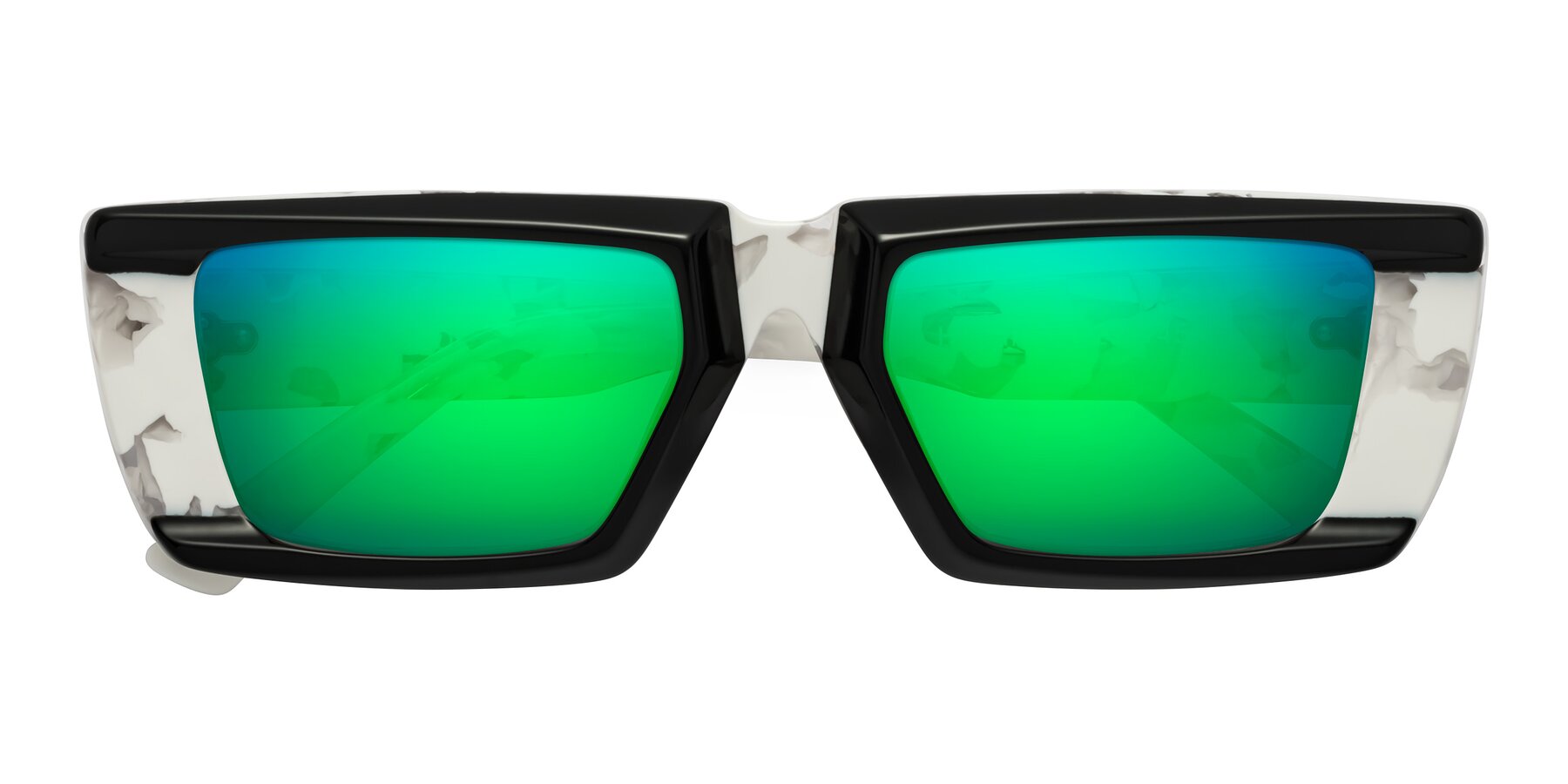 Folded Front of Hasan in Black-White Tortoise with Green Mirrored Lenses