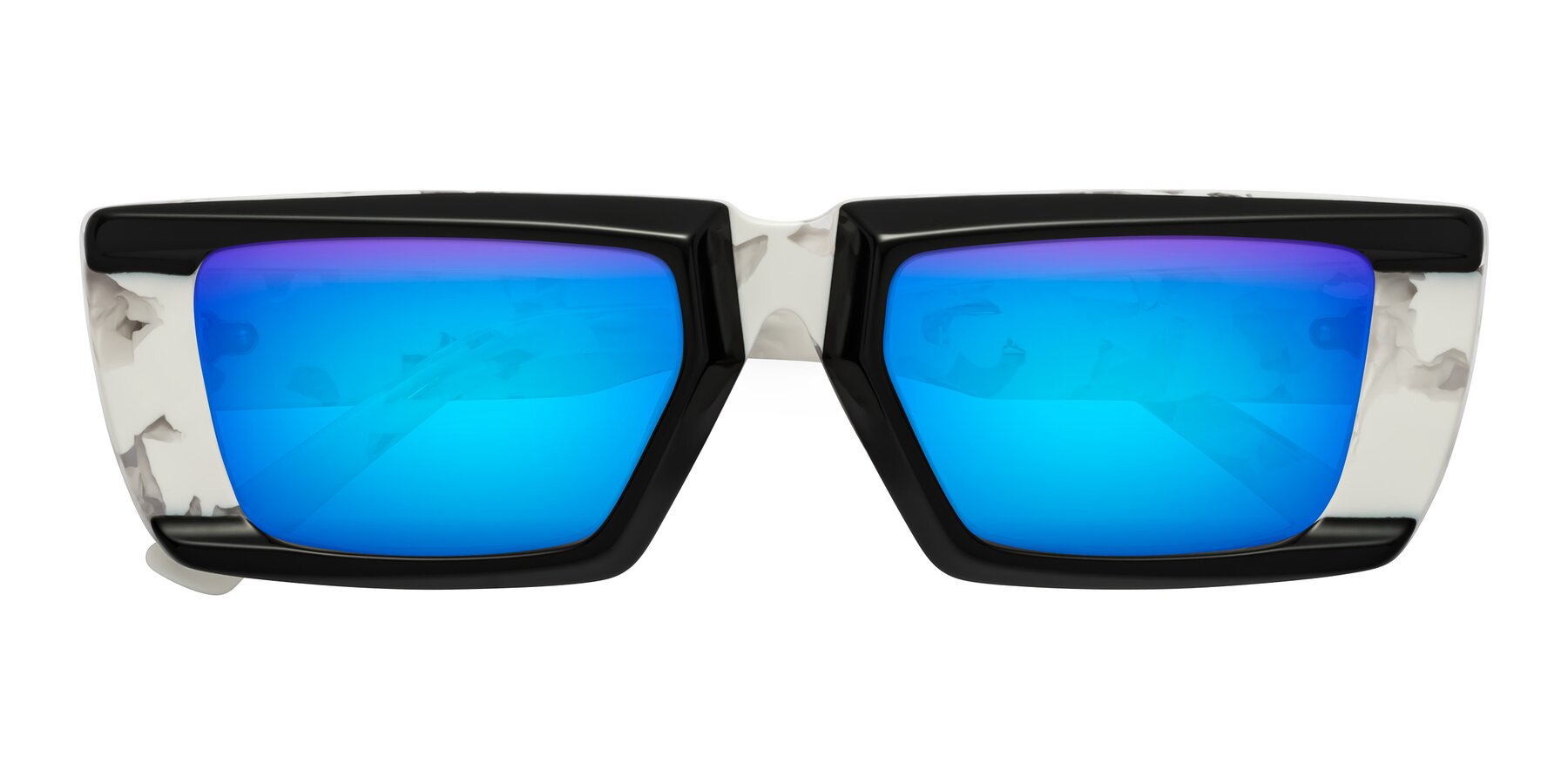 Folded Front of Hasan in Black-White Tortoise with Blue Mirrored Lenses