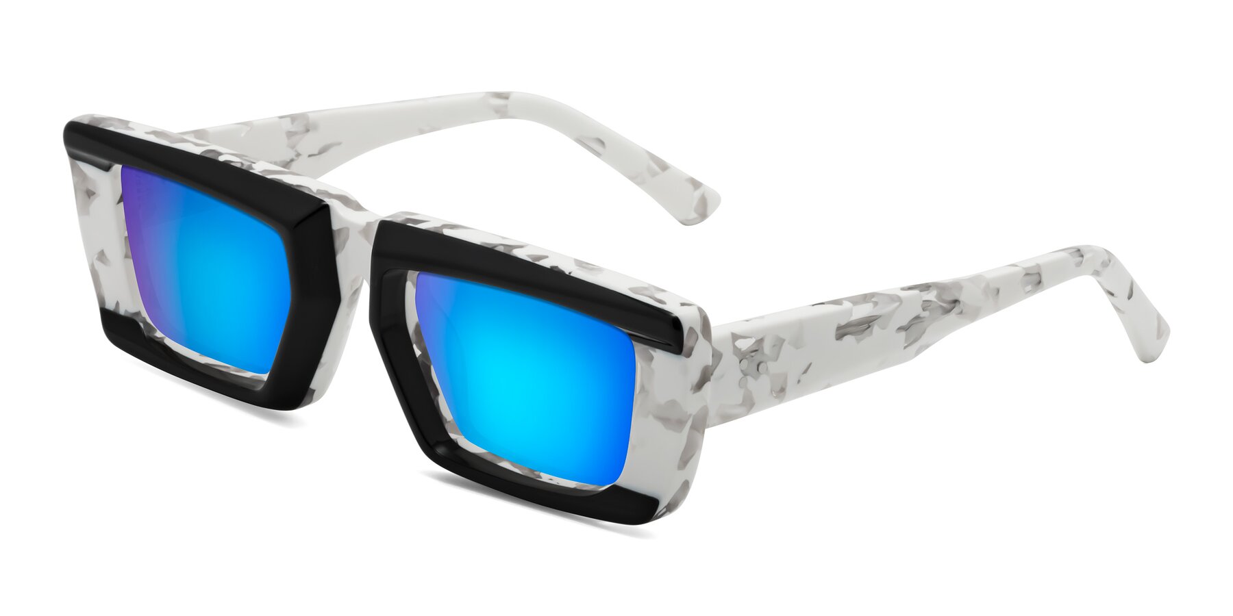 Angle of Hasan in Black-White Tortoise with Blue Mirrored Lenses