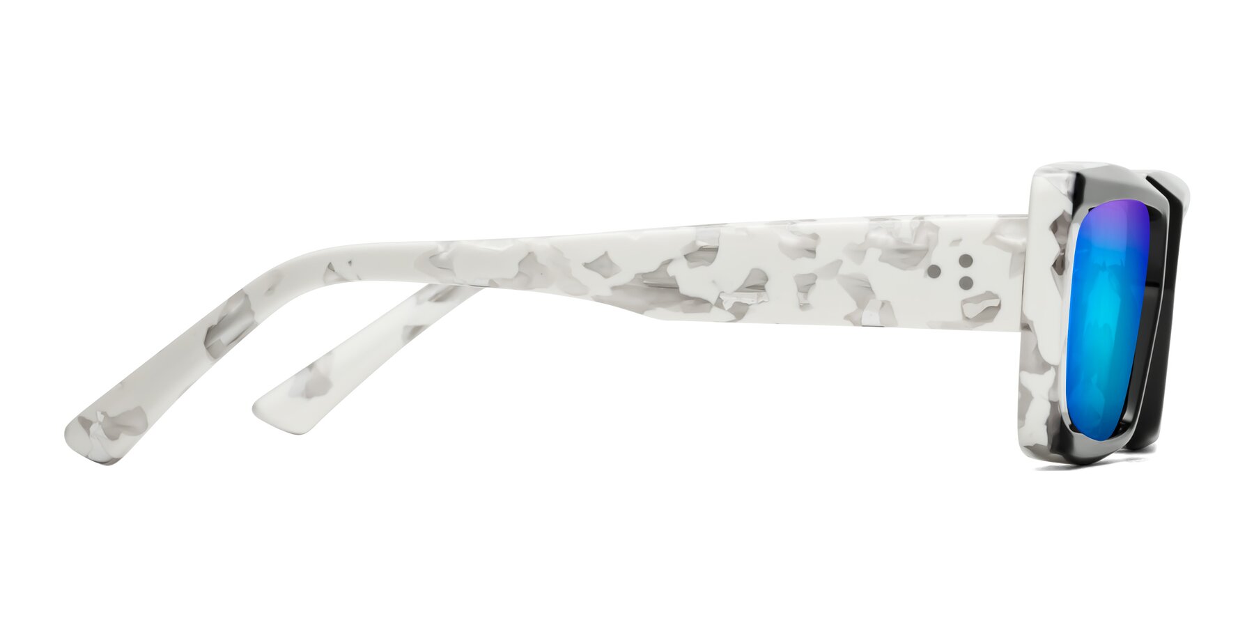 Side of Hasan in Black-White Tortoise with Blue Mirrored Lenses