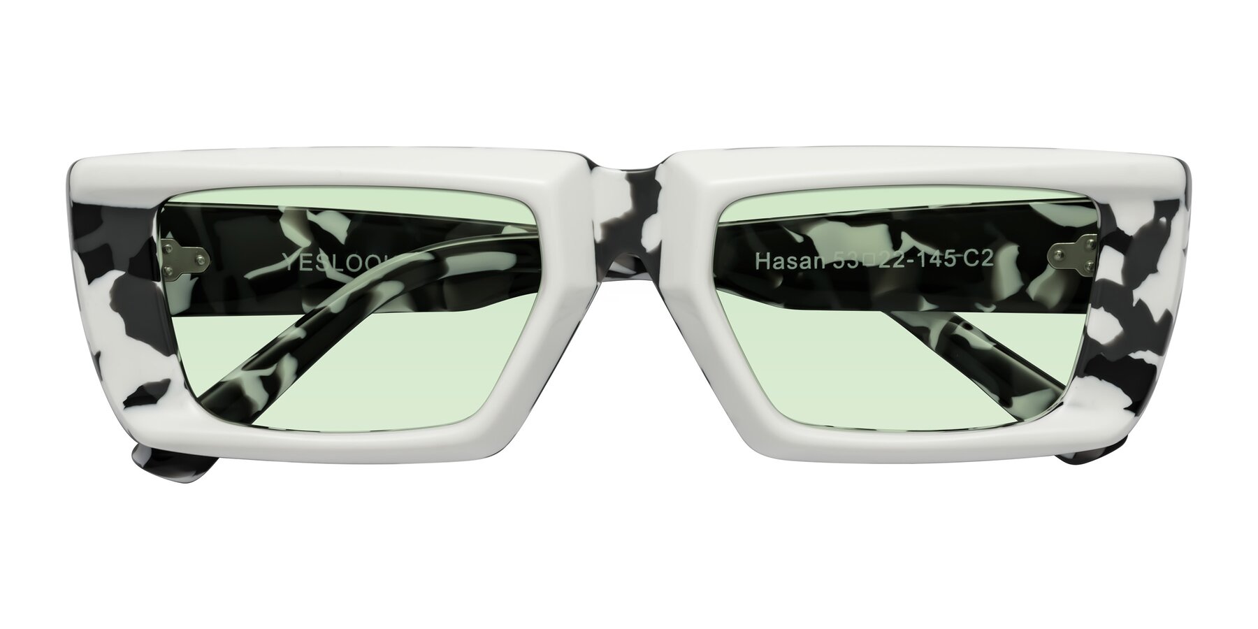 Folded Front of Hasan in White-Black Tortoise with Light Green Tinted Lenses