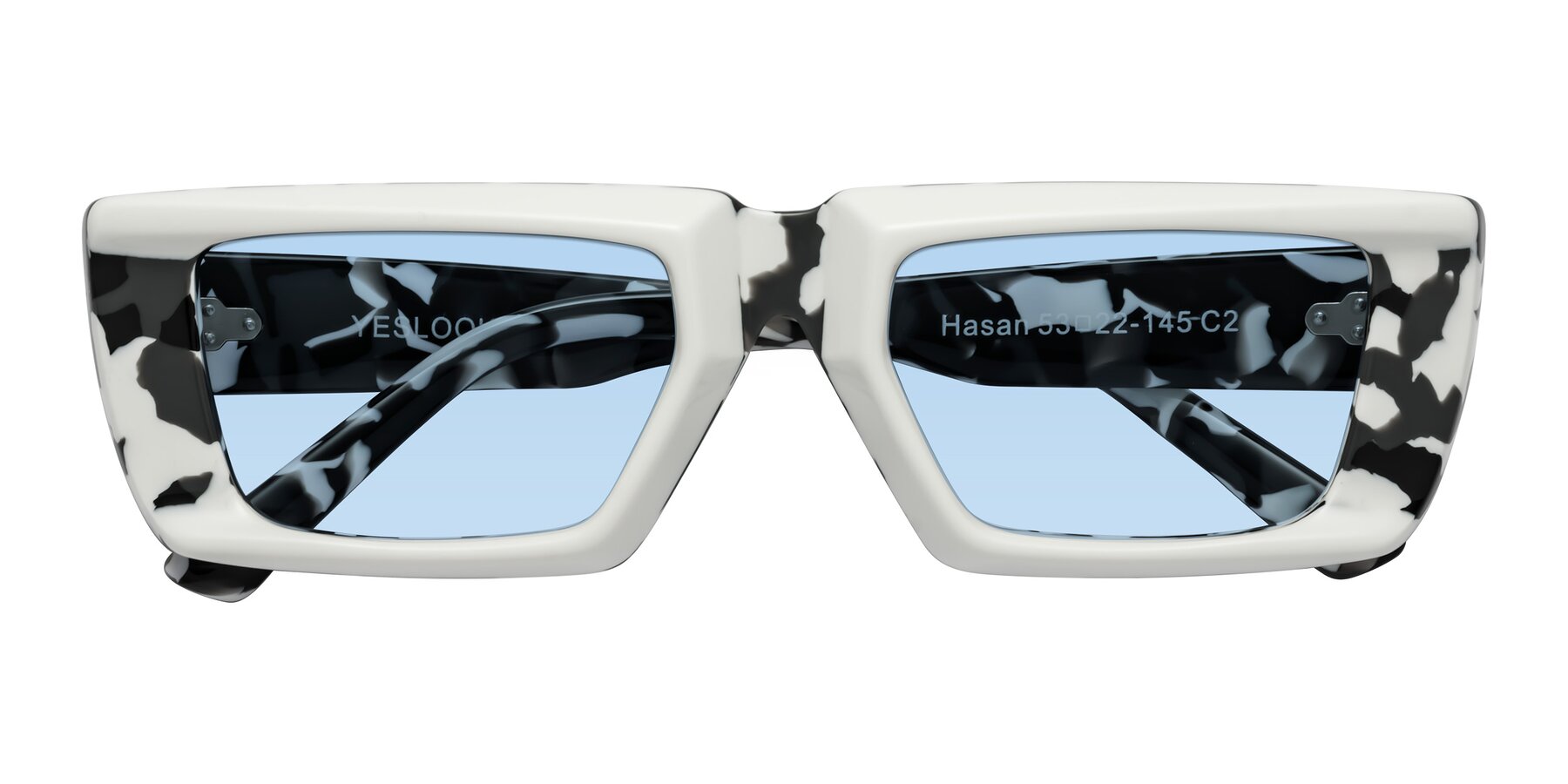 Folded Front of Hasan in White-Black Tortoise with Light Blue Tinted Lenses