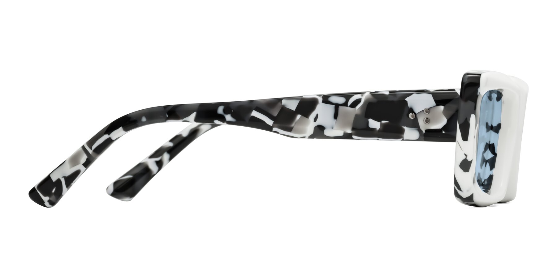 Side of Hasan in White-Black Tortoise with Light Blue Tinted Lenses
