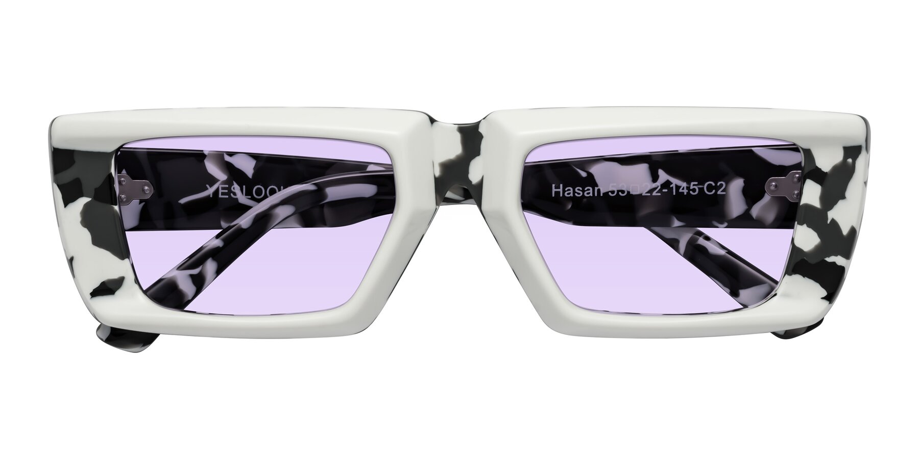 Folded Front of Hasan in White-Black Tortoise with Light Purple Tinted Lenses