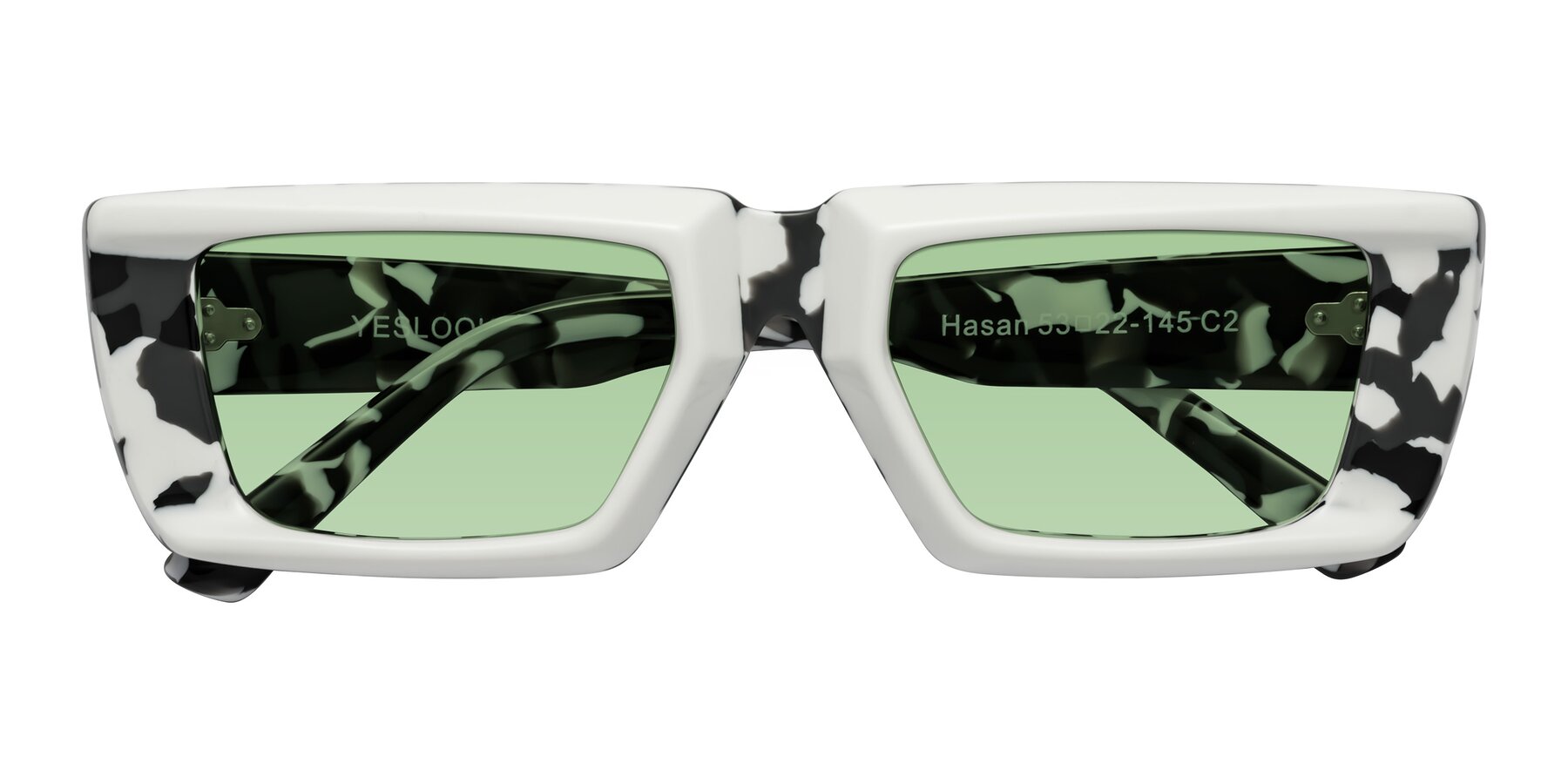 Folded Front of Hasan in White-Black Tortoise with Medium Green Tinted Lenses