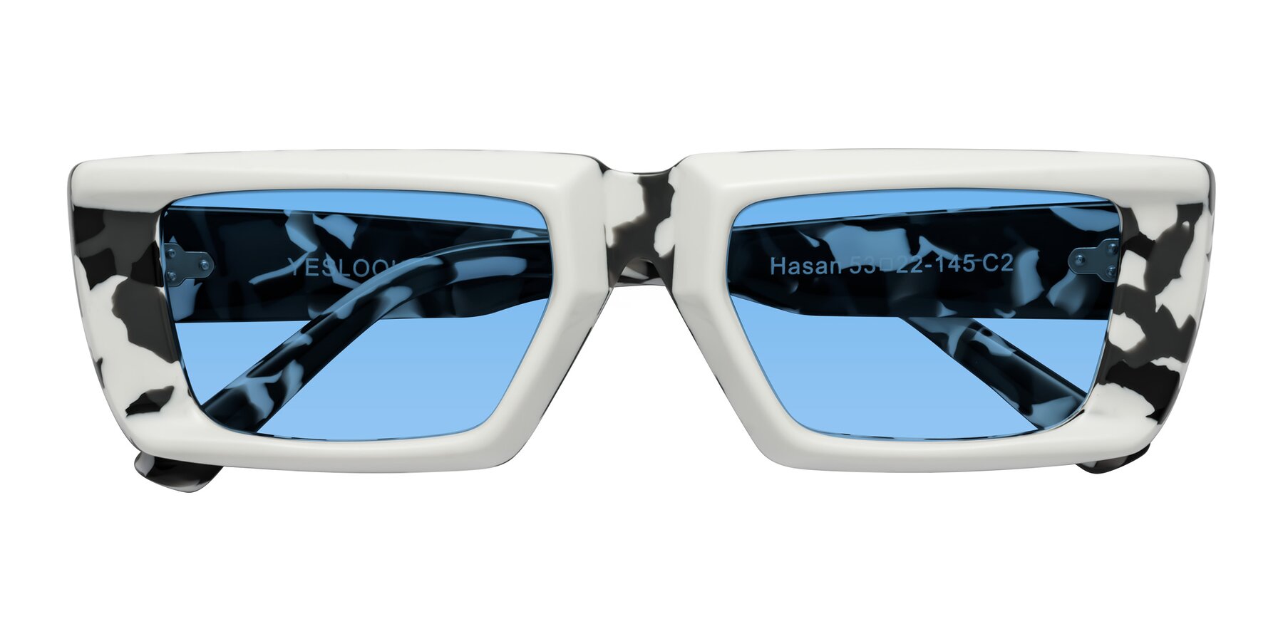 Folded Front of Hasan in White-Black Tortoise with Medium Blue Tinted Lenses