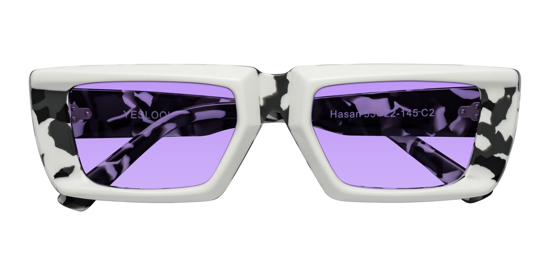 Folded Front of Hasan in White-Black Tortoise with Medium Purple Tinted Lenses