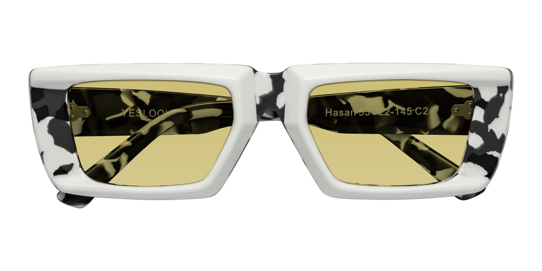 Folded Front of Hasan in White-Black Tortoise with Medium Champagne Tinted Lenses