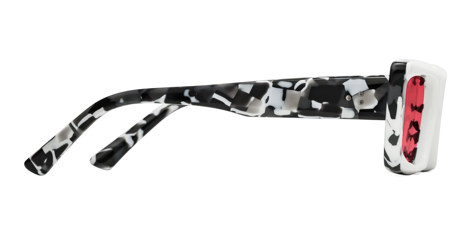 Side of Hasan in White-Black Tortoise with Red Tinted Lenses