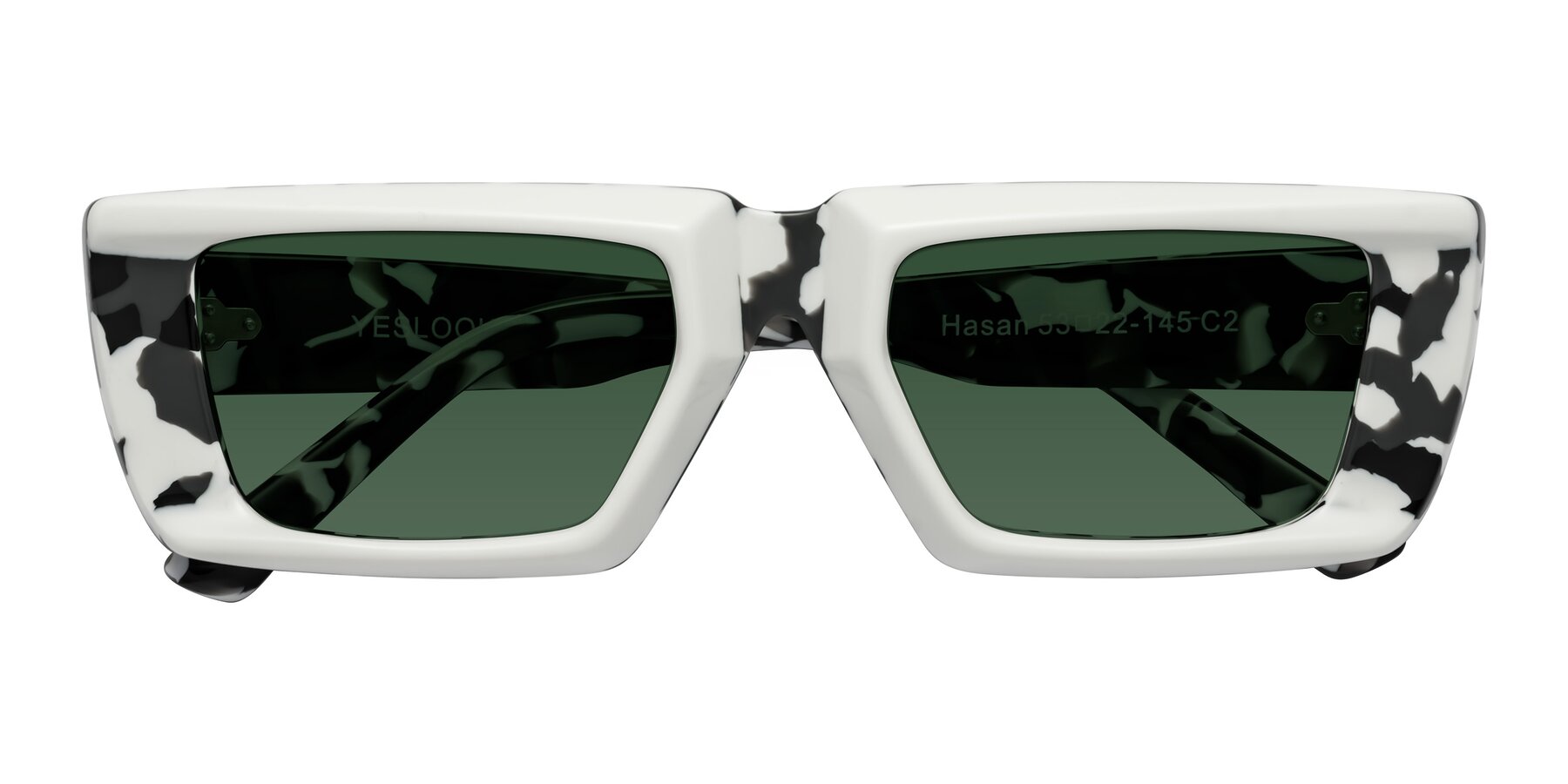 Folded Front of Hasan in White-Black Tortoise with Green Tinted Lenses