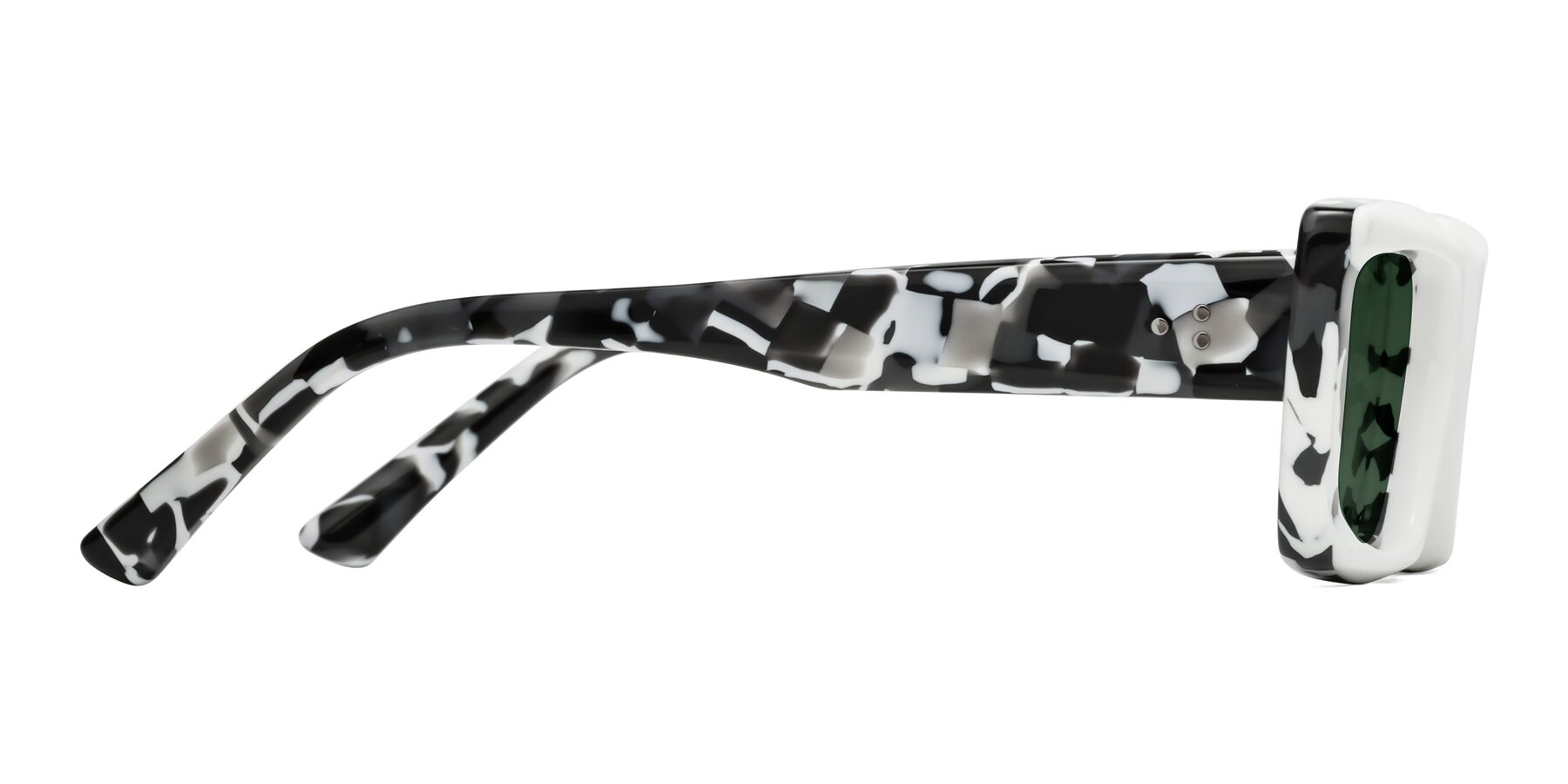 Side of Hasan in White-Black Tortoise with Green Tinted Lenses