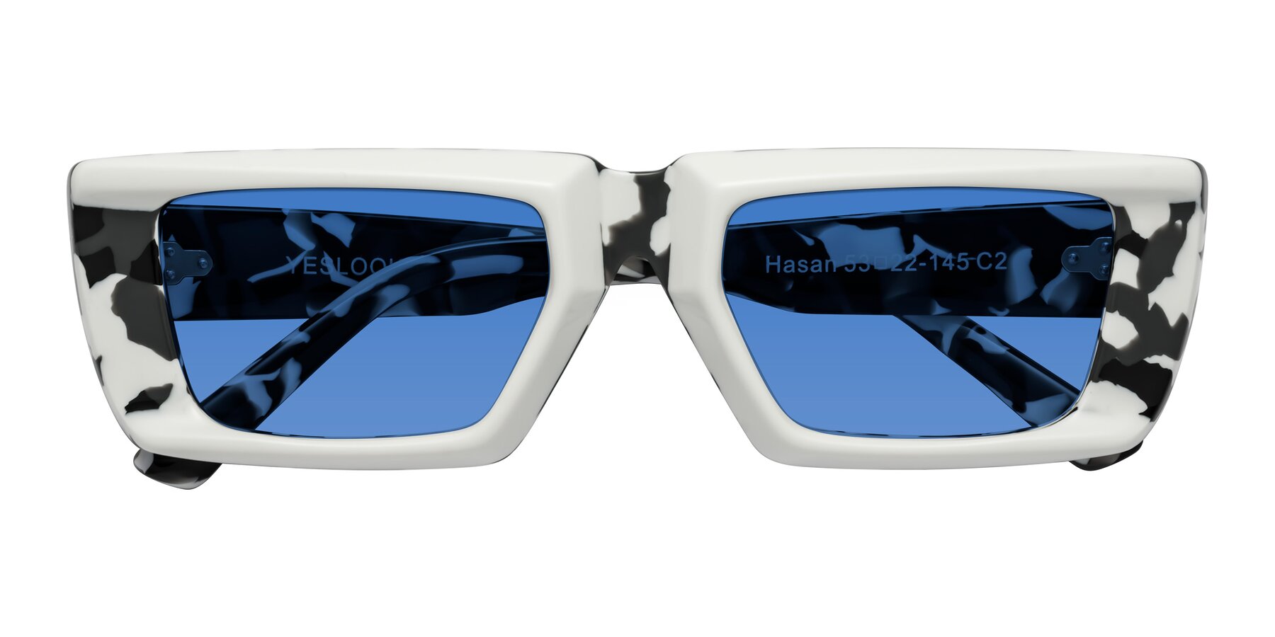 Folded Front of Hasan in White-Black Tortoise with Blue Tinted Lenses