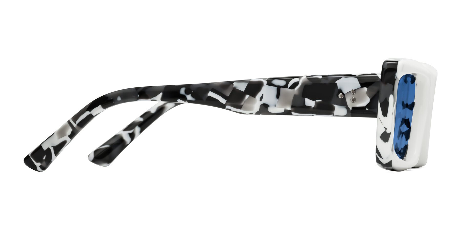 Side of Hasan in White-Black Tortoise with Blue Tinted Lenses