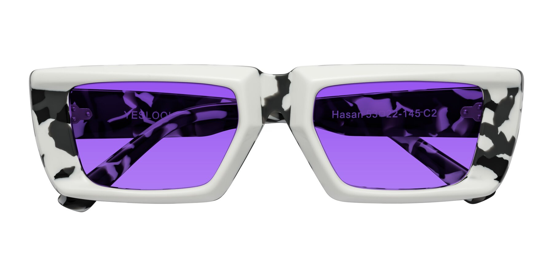 Folded Front of Hasan in White-Black Tortoise with Purple Tinted Lenses