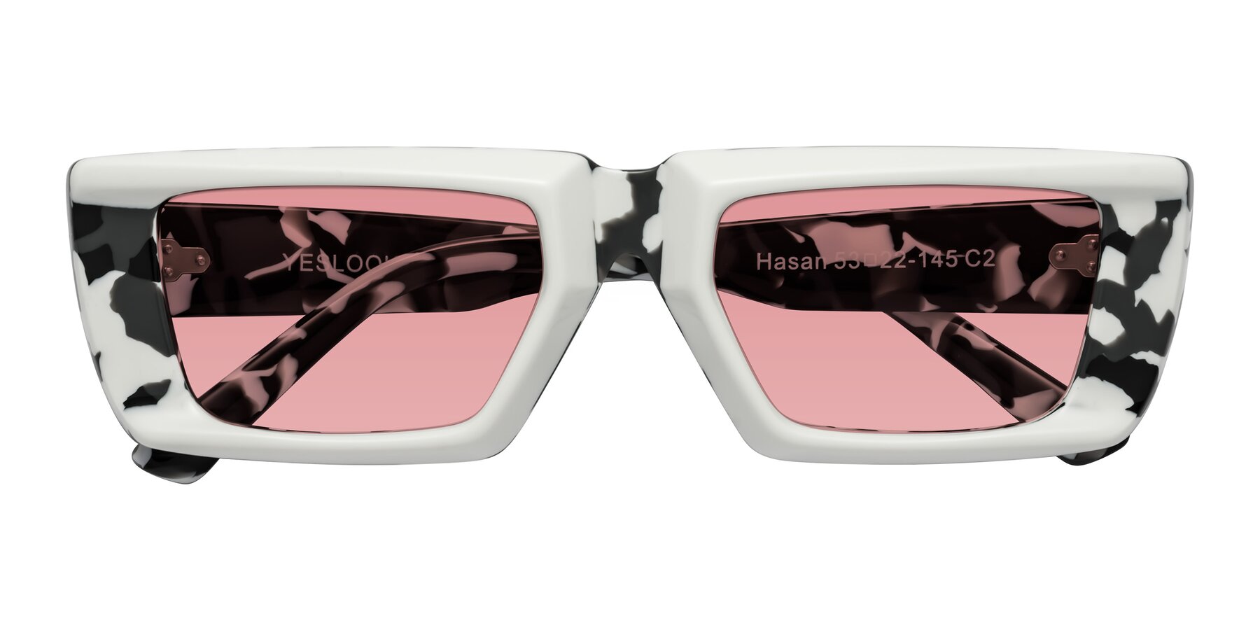 Folded Front of Hasan in White-Black Tortoise with Medium Garnet Tinted Lenses