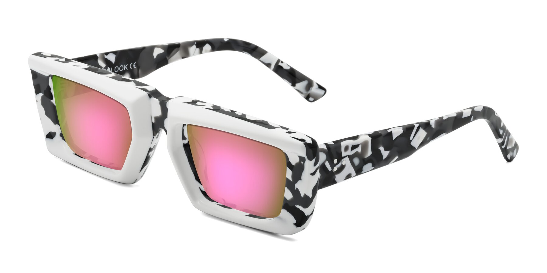 Angle of Hasan in White-Black Tortoise with Pink Mirrored Lenses