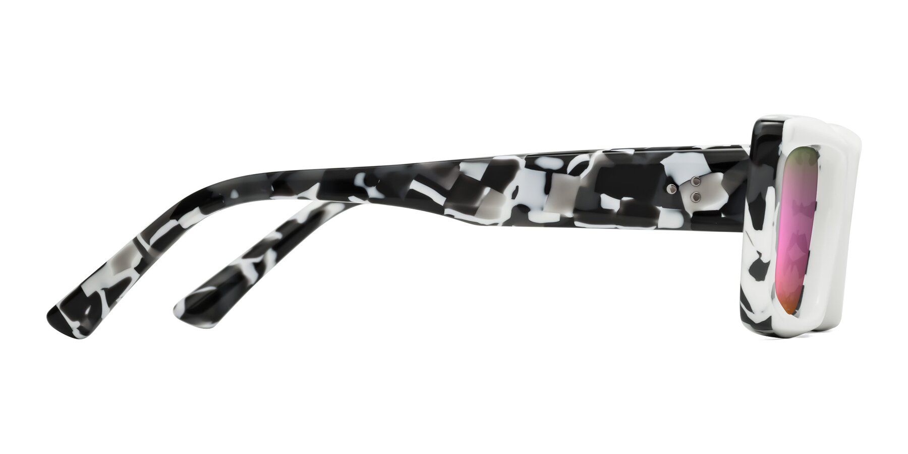 Side of Hasan in White-Black Tortoise with Pink Mirrored Lenses